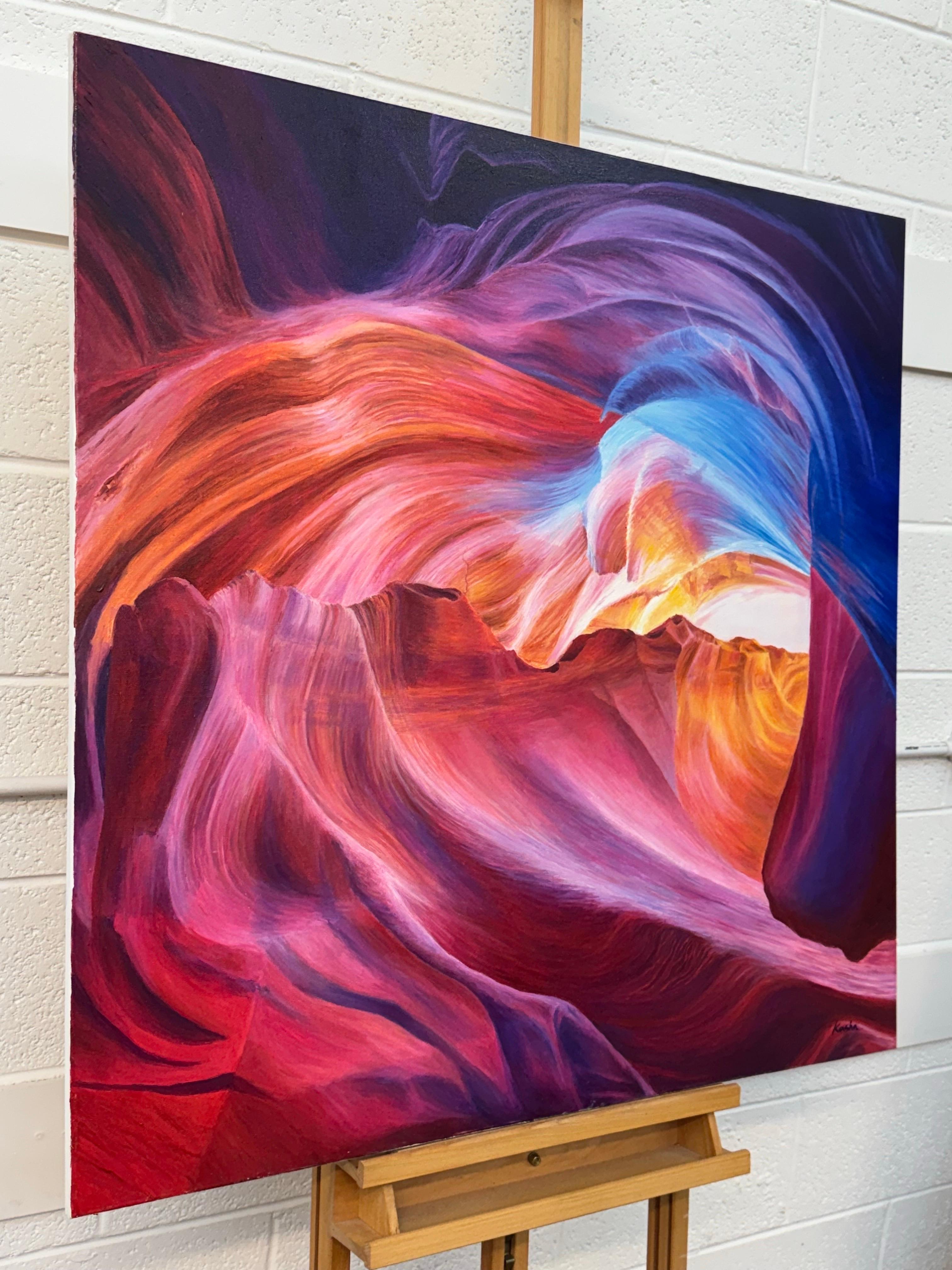 Large Square Red Pink Blue & Purple Painting of inside Antelope Canyon in Arizona USA, by Polish Artist Katarzyna Szulc. This original oil painting is part of an inspired body of work based on one of the most significant rock formations in the world
