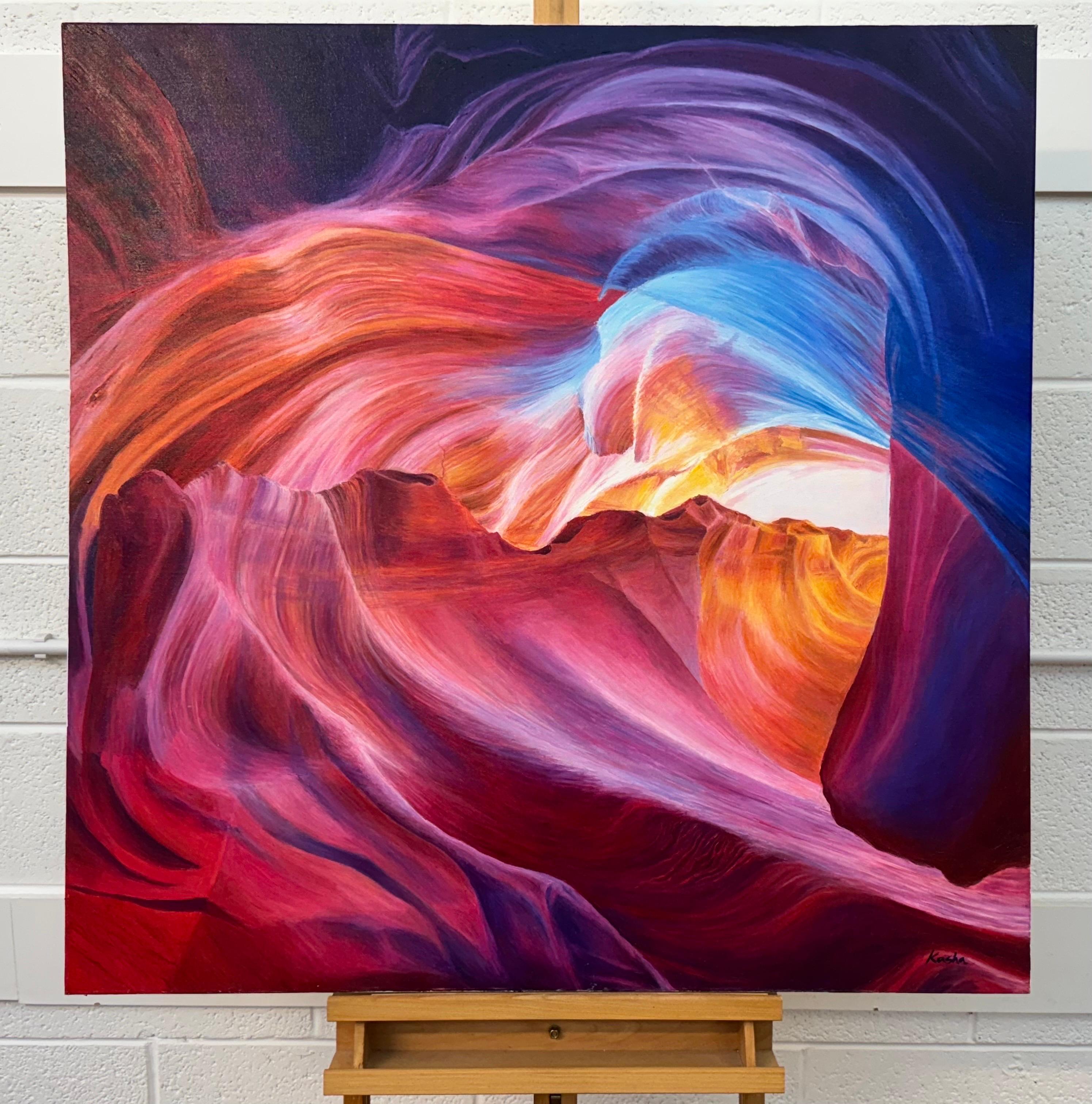 Large Square Red Pink Blue & Purple Painting of Antelope Canyon in Arizona USA For Sale 1