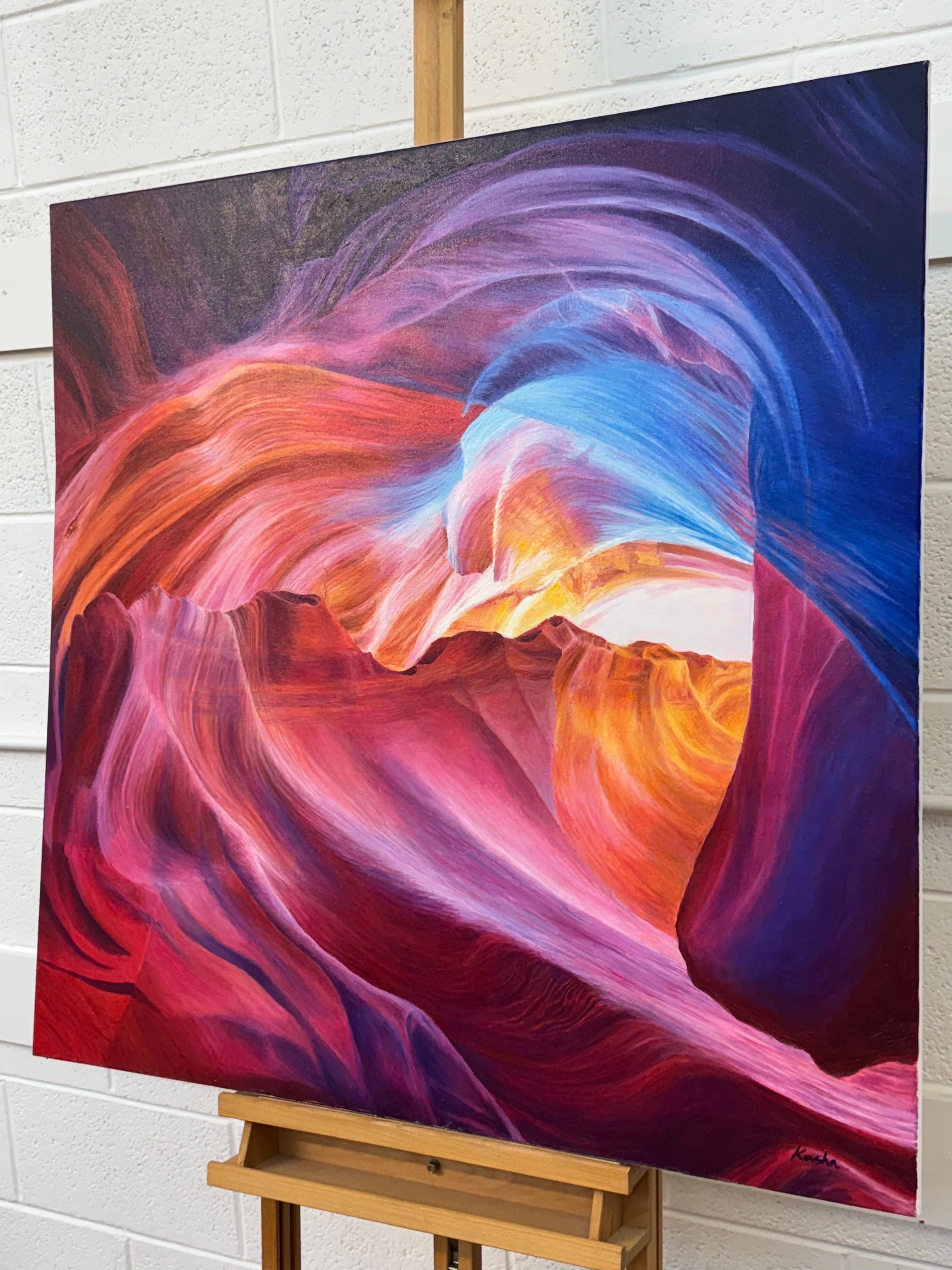 Large Square Red Pink Blue & Purple Painting of Antelope Canyon in Arizona USA For Sale 2