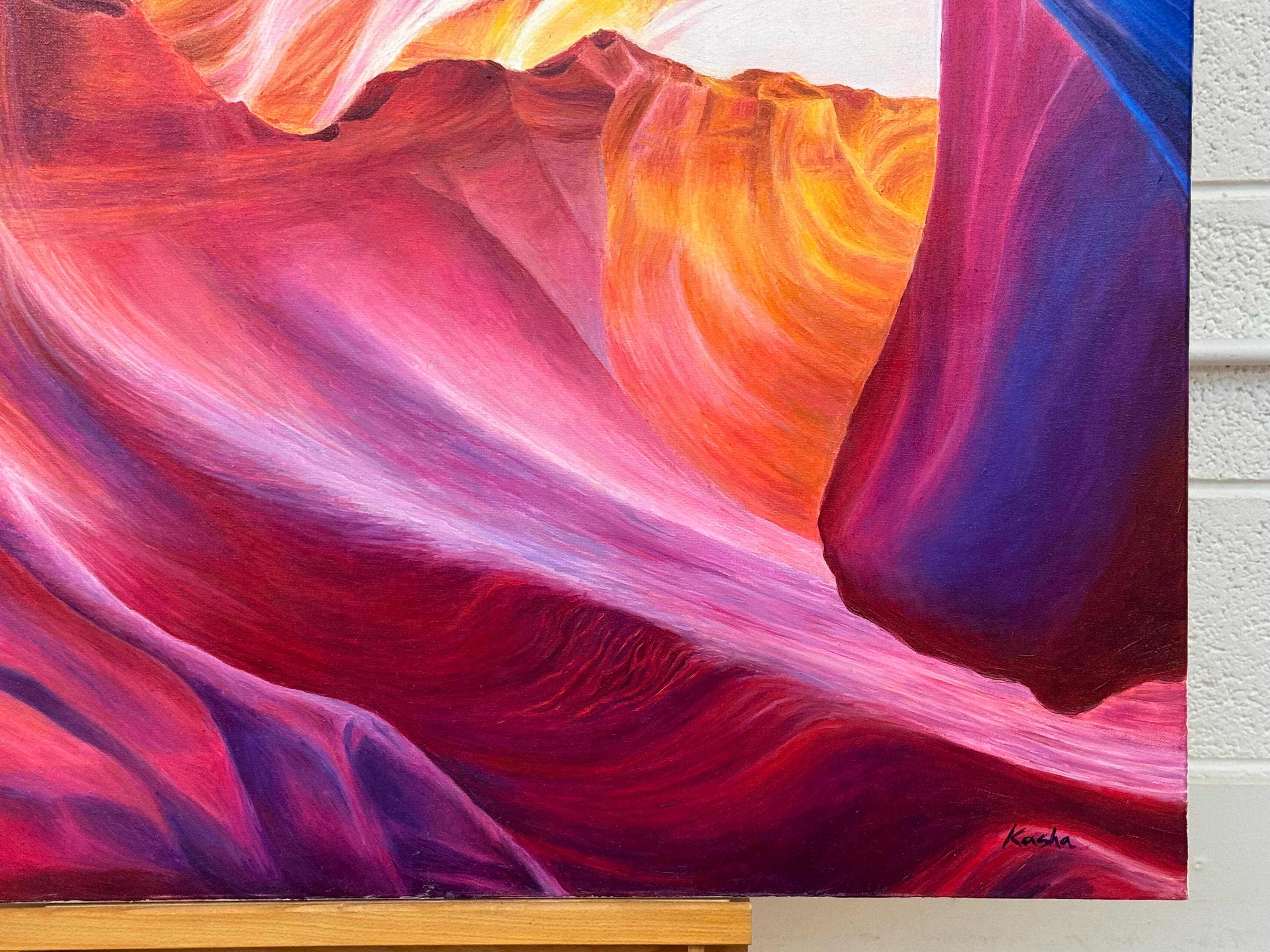 Large Square Red Pink Blue & Purple Painting of Antelope Canyon in Arizona USA For Sale 3