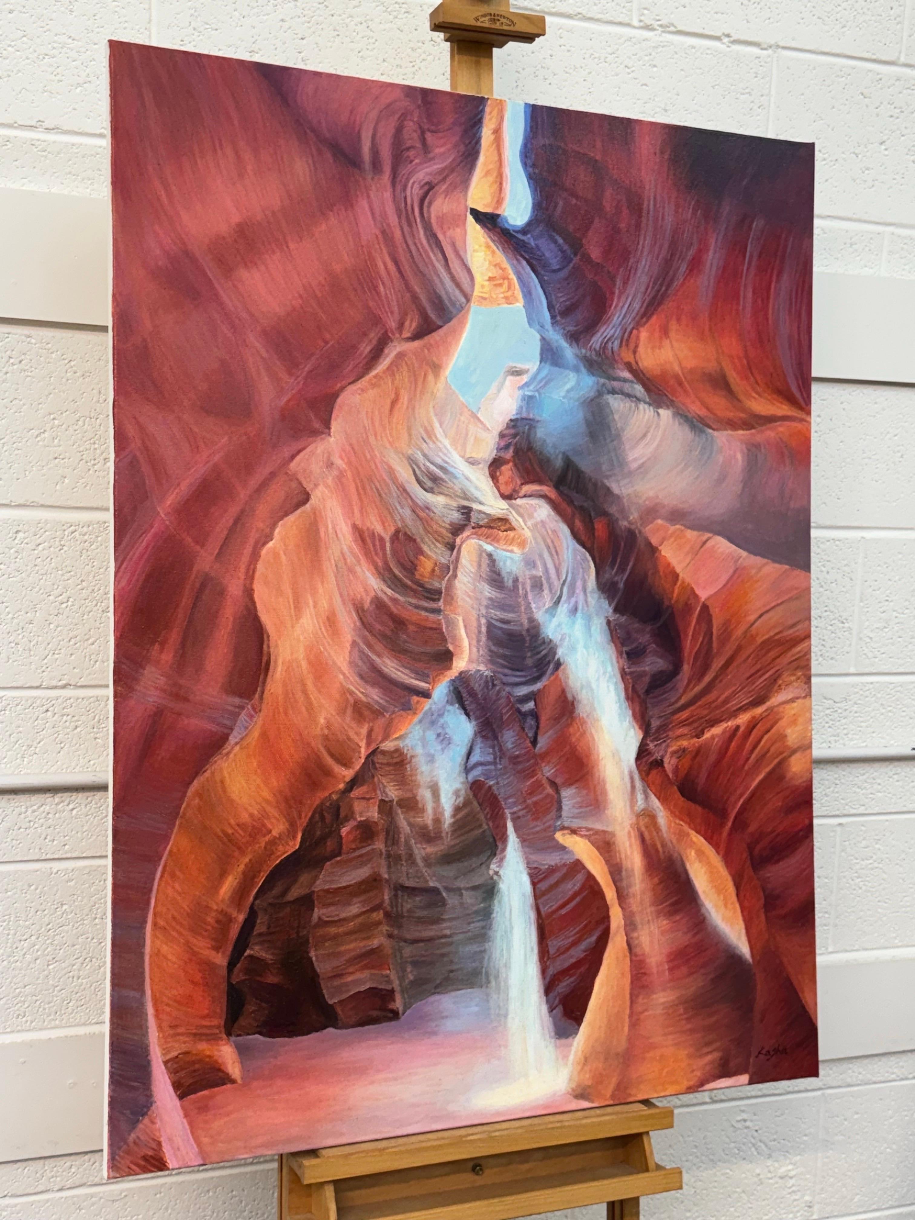 Quadro astratto moderno rosa, rosso e blu dell'interno dell'Antelope Canyon in Arizona USA - Painting di Katarzyna Szulc