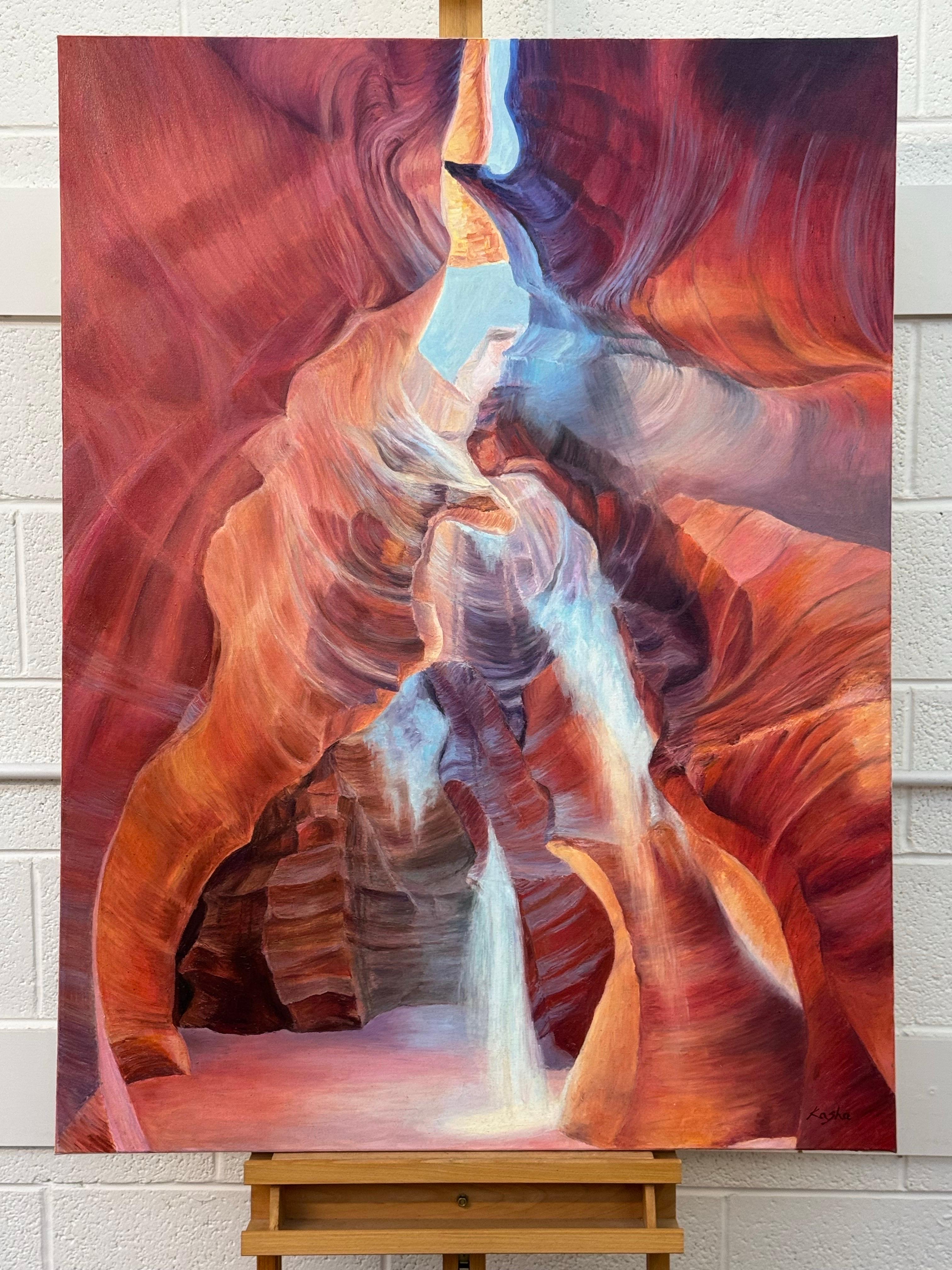 Quadro astratto moderno rosa, rosso e blu dell'interno dell'Antelope Canyon in Arizona USA - Painting Astratto di Katarzyna Szulc