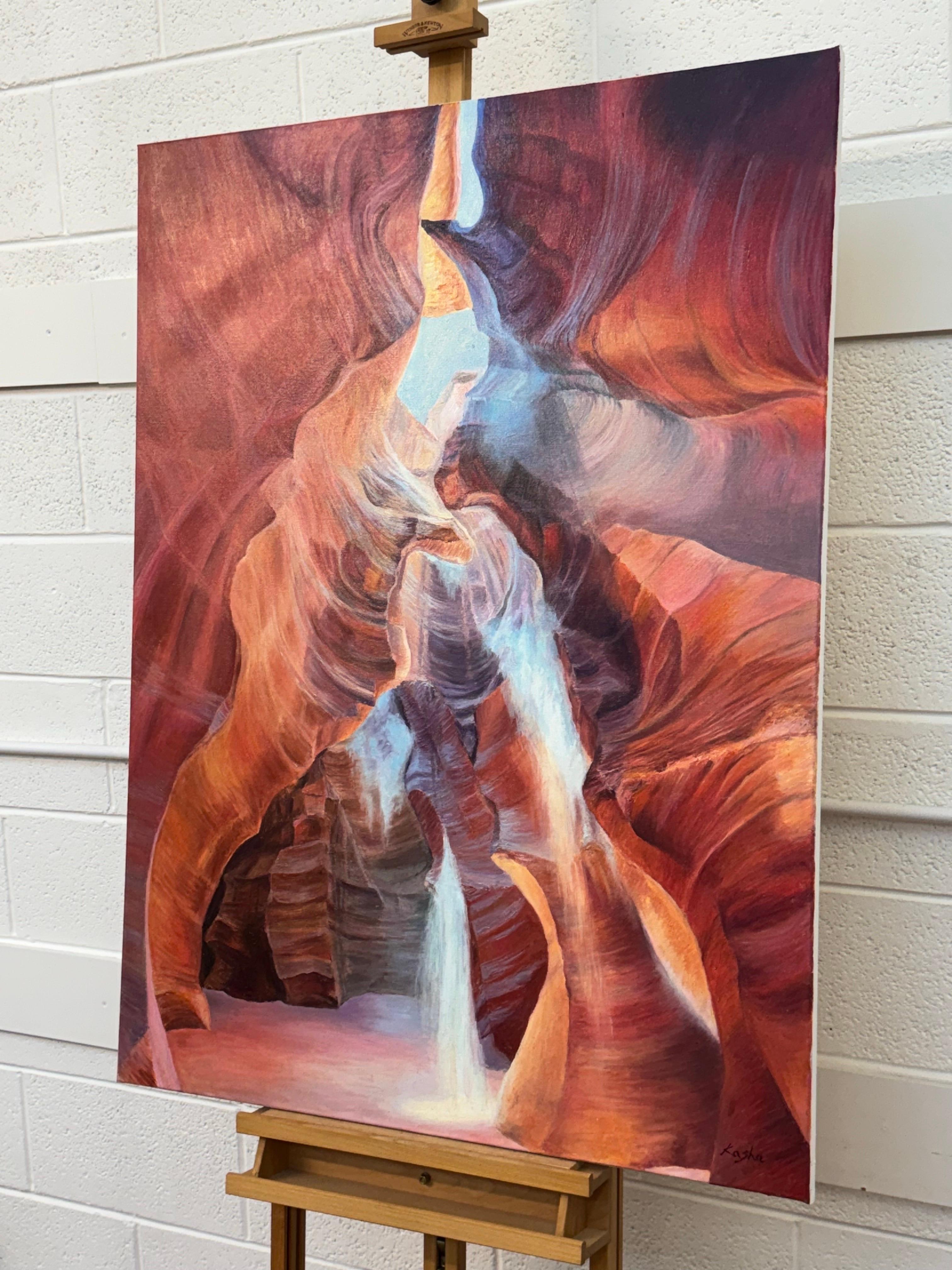 Quadro astratto moderno rosa, rosso e blu dell'interno dell'Antelope Canyon in Arizona USA - Landscape Painting Rosa di Katarzyna Szulc