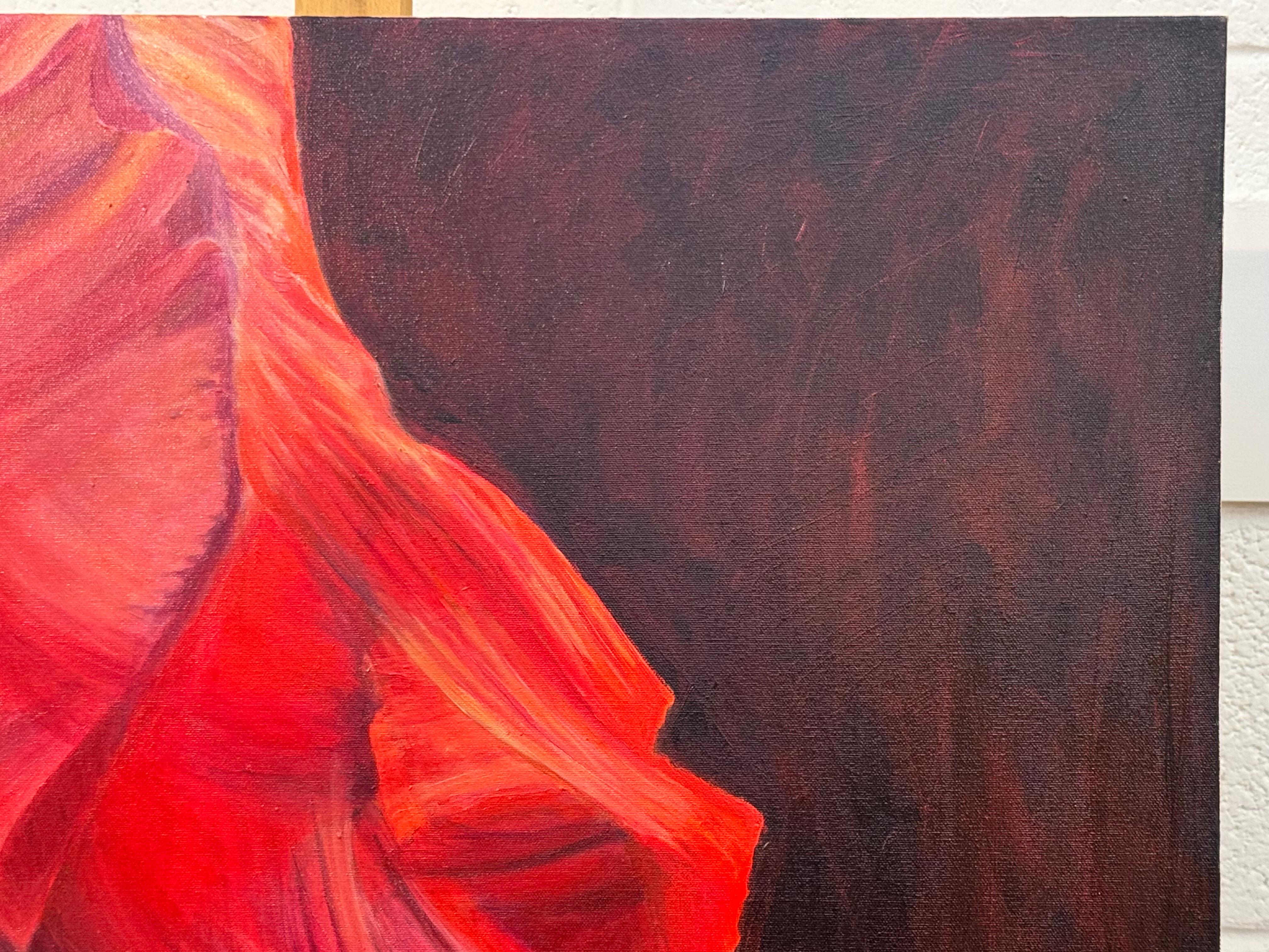 Pintura abstracta moderna rosa, roja y azul del interior del Cañón del Antílope, Arizona, EE.UU., por la artista polaca Katarzyna Szulc. Este óleo original forma parte de una inspirada obra basada en una de las formaciones rocosas más significativas