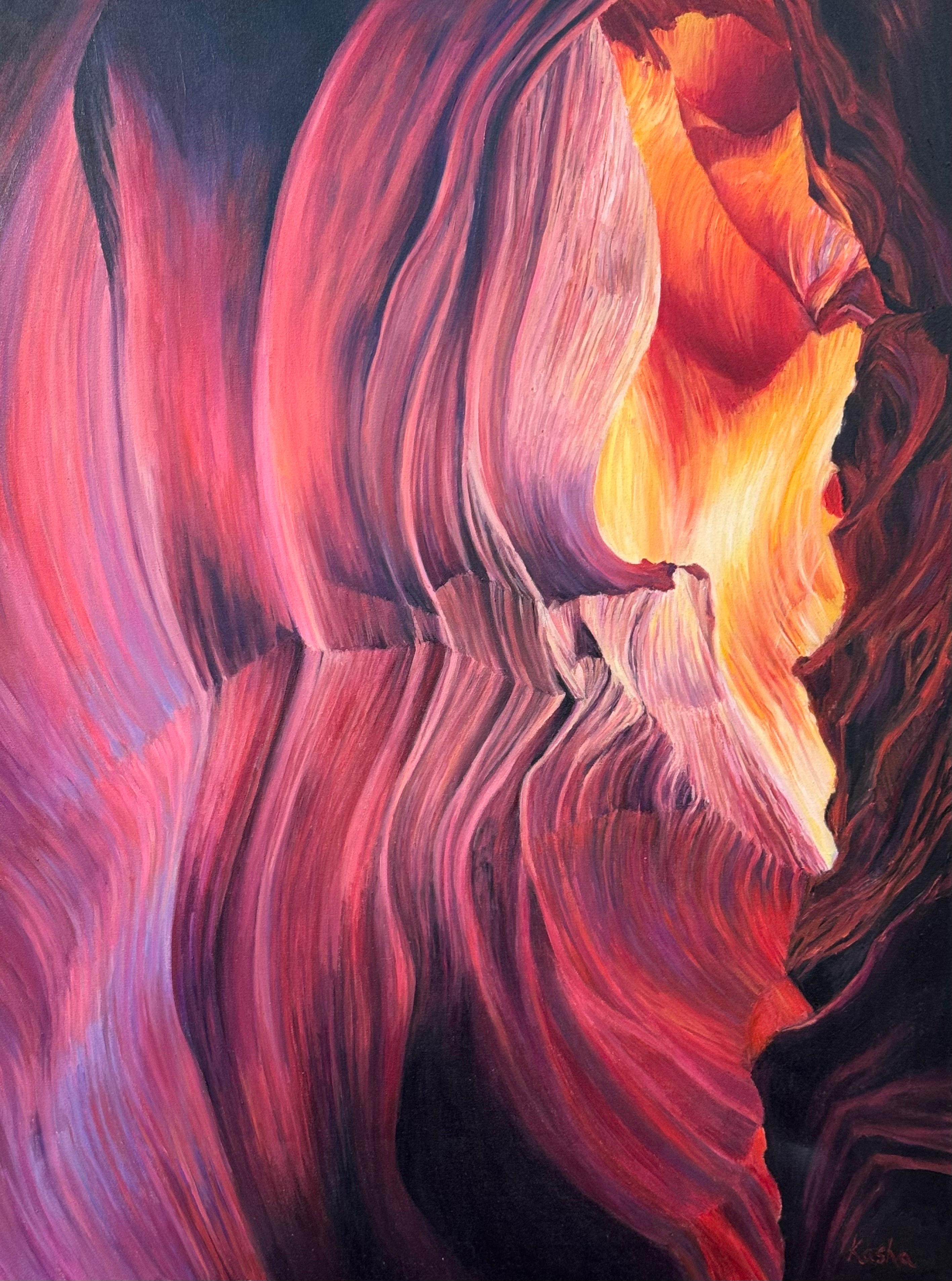 Pintura abstracta roja, morada y amarilla del interior del Cañón del Antílope en Arizona, EE.UU. en venta 7