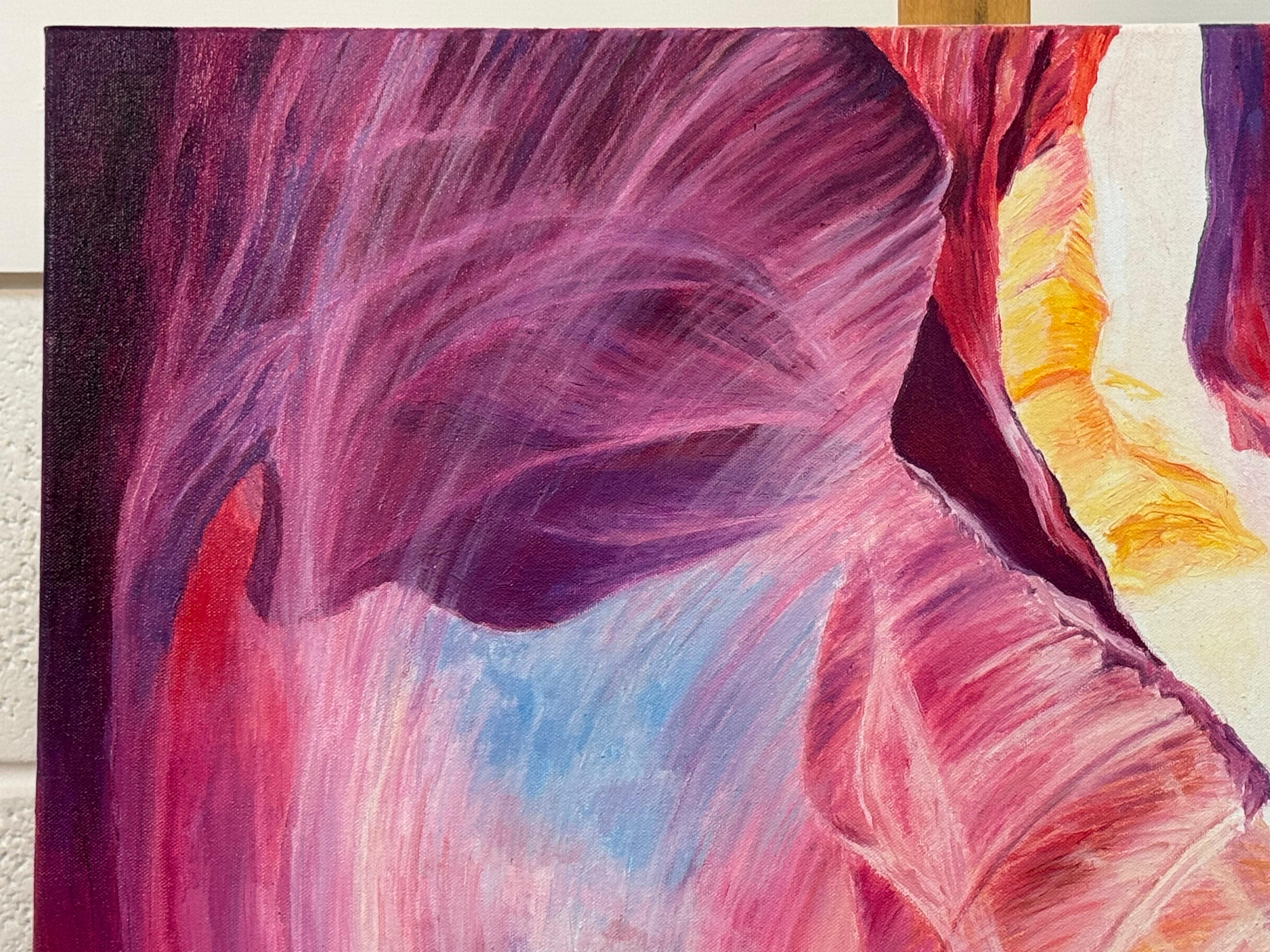 Quadro astratto rosso, viola e giallo dell'interno dell'Antelope Canyon in Arizona USA - Landscape Painting Rosa di Katarzyna Szulc