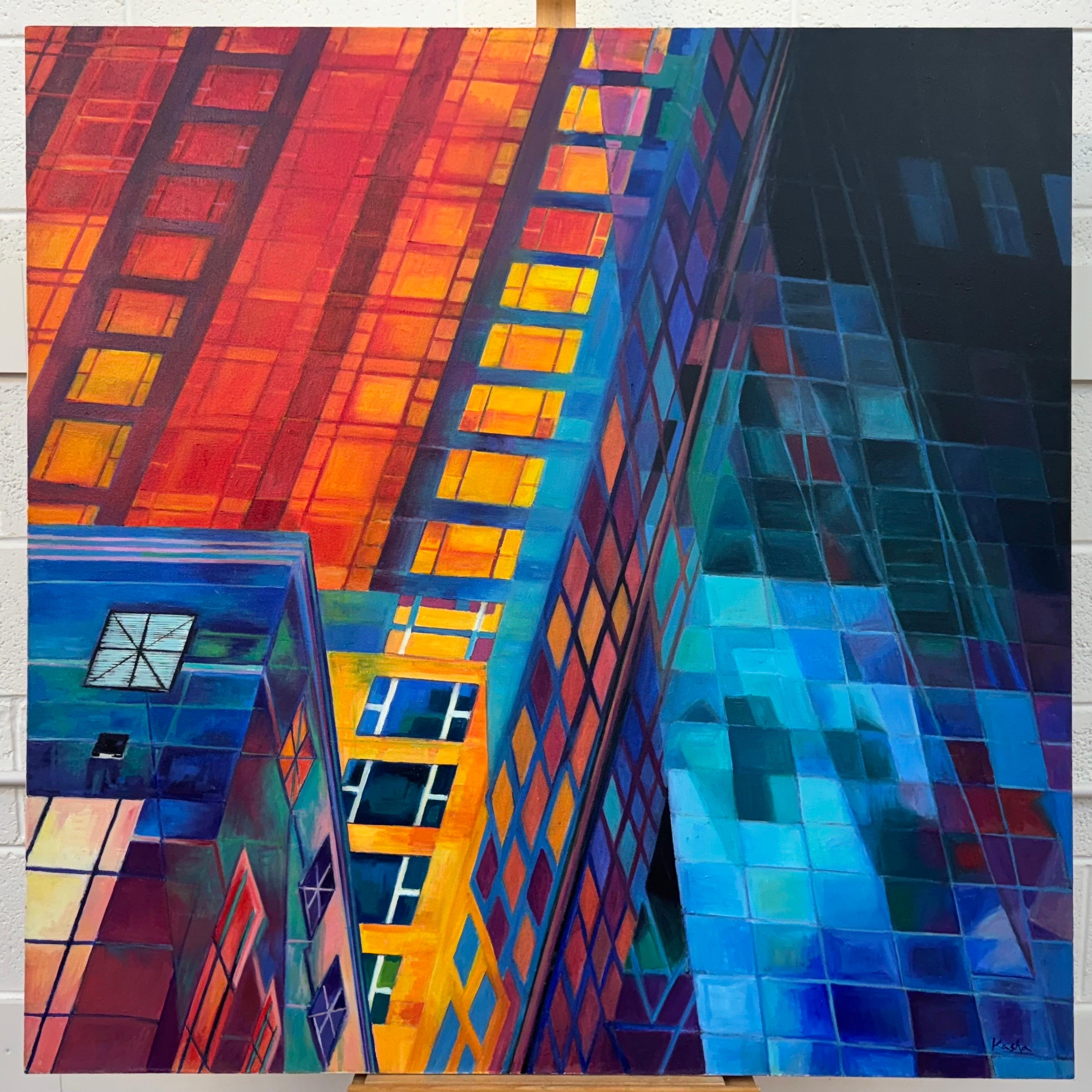 Very Large Square Painting of New York City Skyscrapers USA - Red Blue & Yellow - Purple Abstract Painting by Katarzyna Szulc