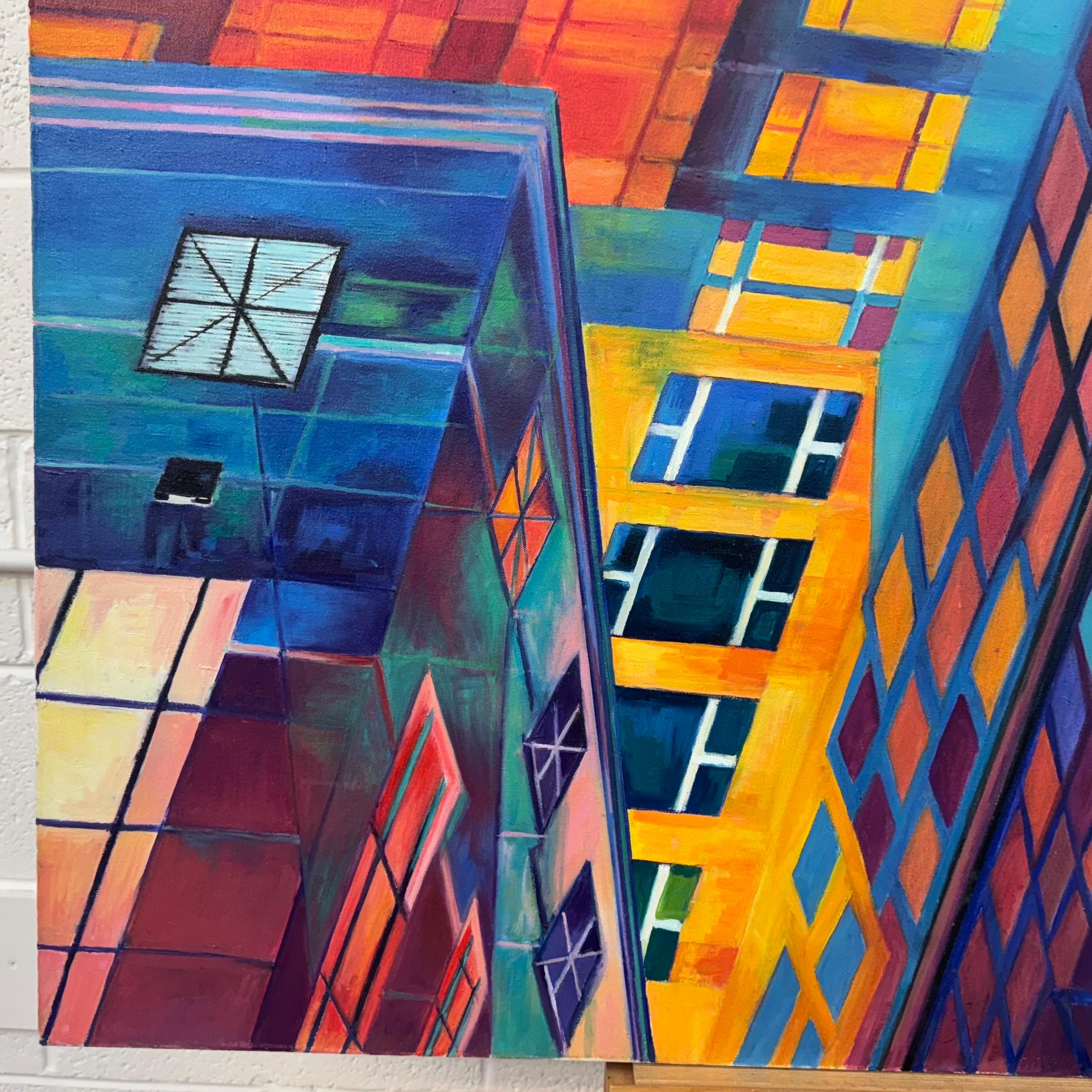 Very Large Square Painting of New York City Skyscrapers USA - Red Blue & Yellow For Sale 1