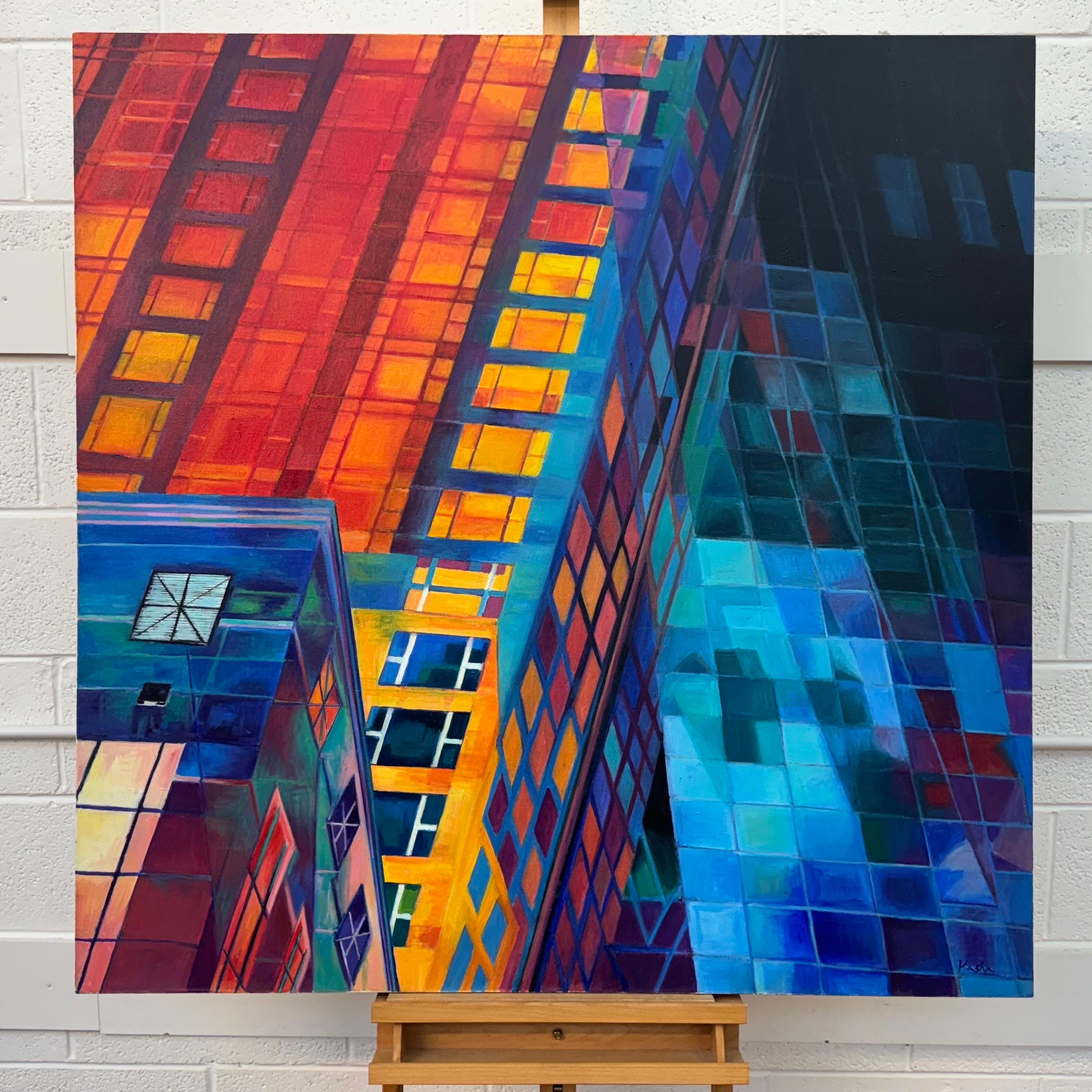 Very Large Square Painting of New York City Skyscrapers USA - Red Blue & Yellow For Sale 2