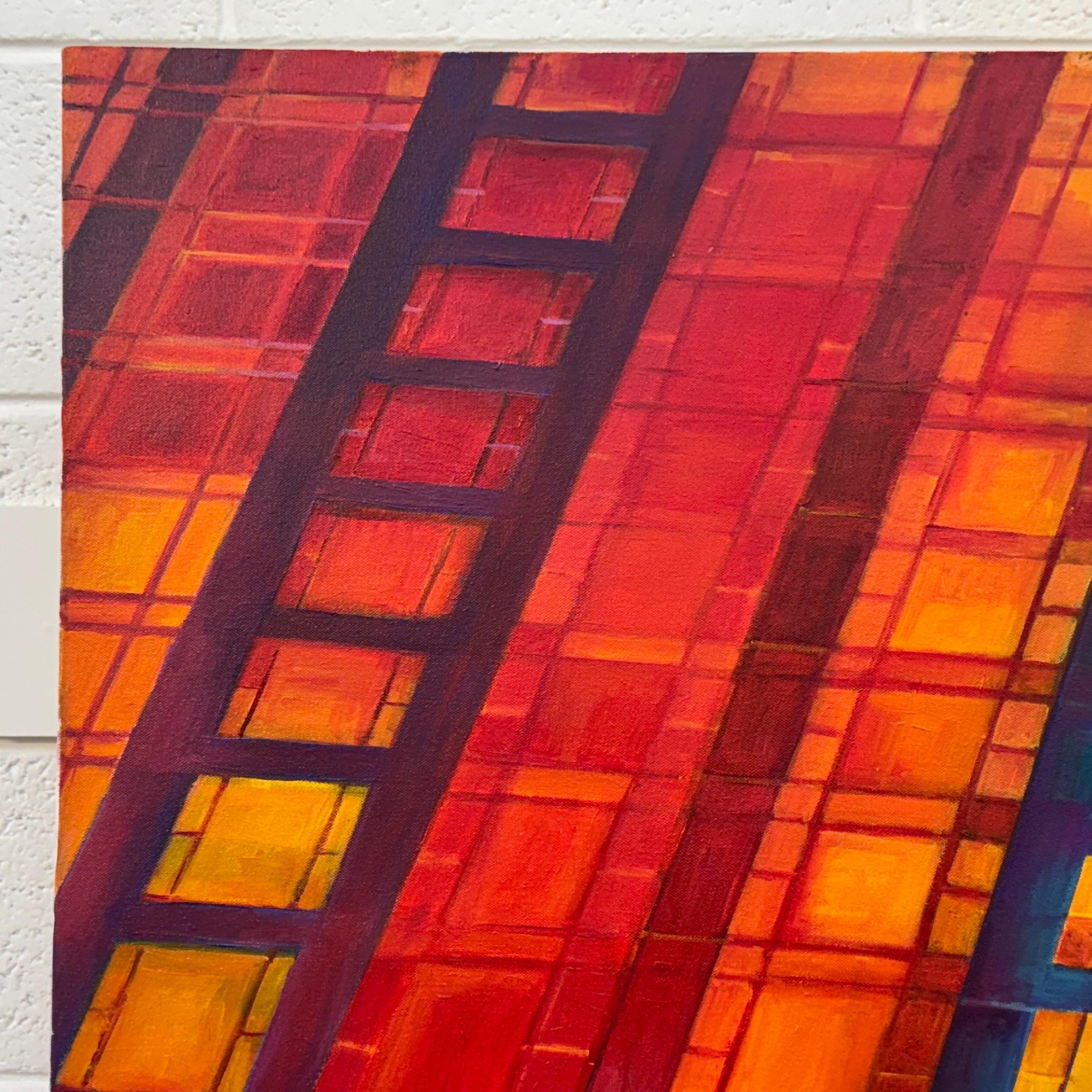 Very Large Square Painting of New York City Skyscrapers USA - Red Blue & Yellow For Sale 3