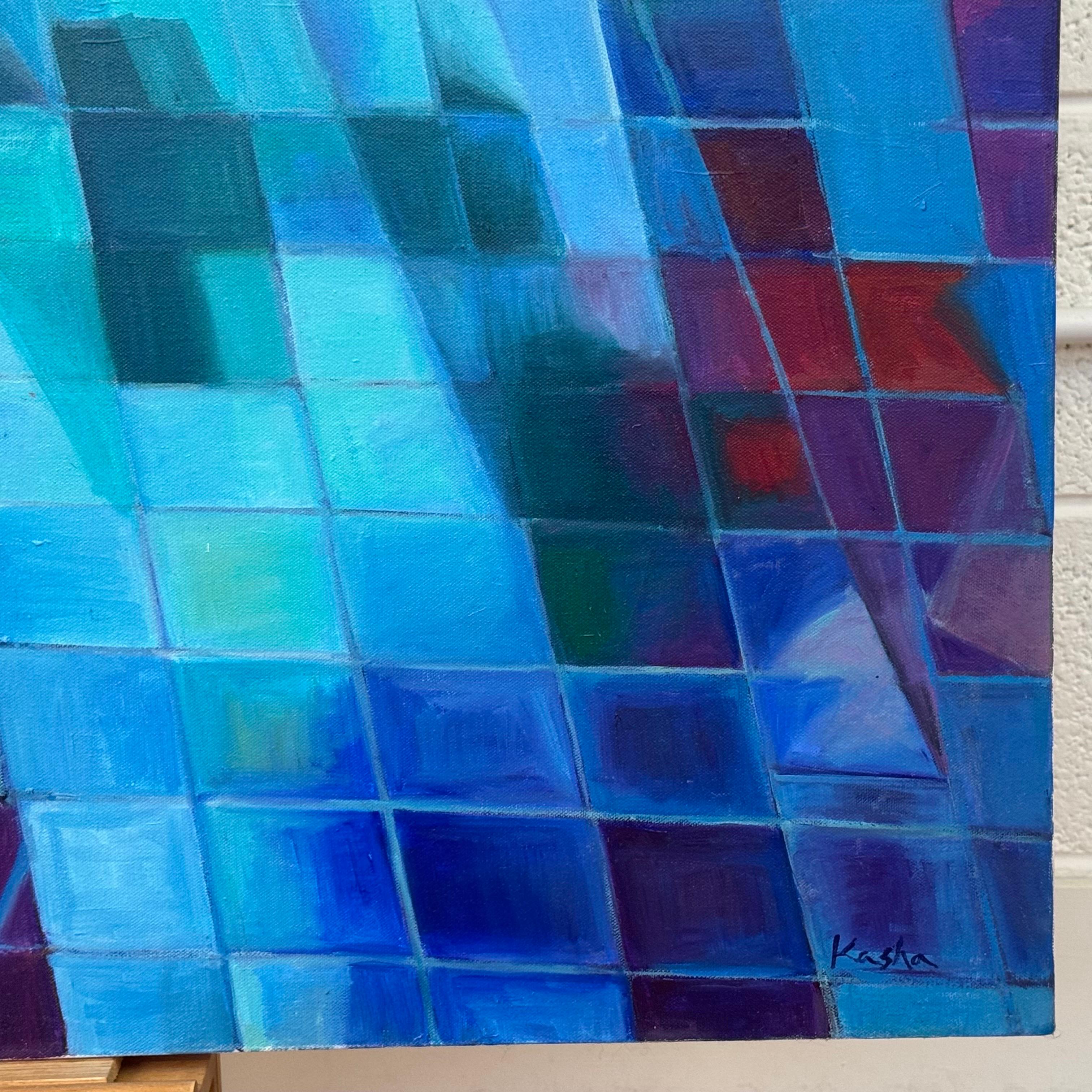 Very Large Square Painting of New York City Skyscrapers USA - Red Blue & Yellow For Sale 4