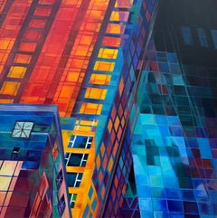 Very Large Square Painting of New York City Skyscrapers USA - Red Blue & Yellow