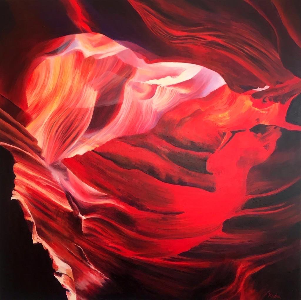 Quadro quadrato molto grande, rosso e nero, dell'interno dell'Antelope Canyon in Arizona USA - Abstract Painting Rosso di Katarzyna Szulc