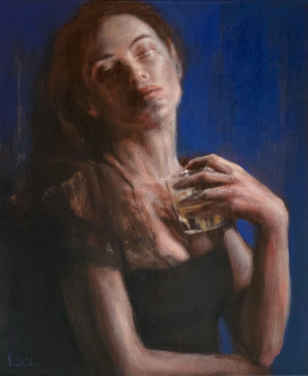 A glass - Contemporary Figurative Oil Painting, Subtle Female Portrait, Vibrant