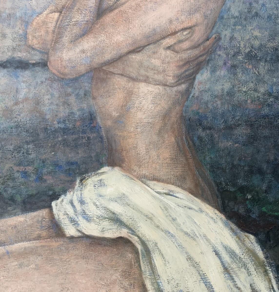 Zeitgenössisches figuratives Ölgemälde auf Leinwand der polnischen Künstlerin Katarzyna Szydlowska. Malerei Bilder weiblich in nude. Sie sitzt am Strand, im Hintergrund sind Meer und Klippen zu sehen, und neben ihr liegen Muscheln. Ein Tuch bedeckt