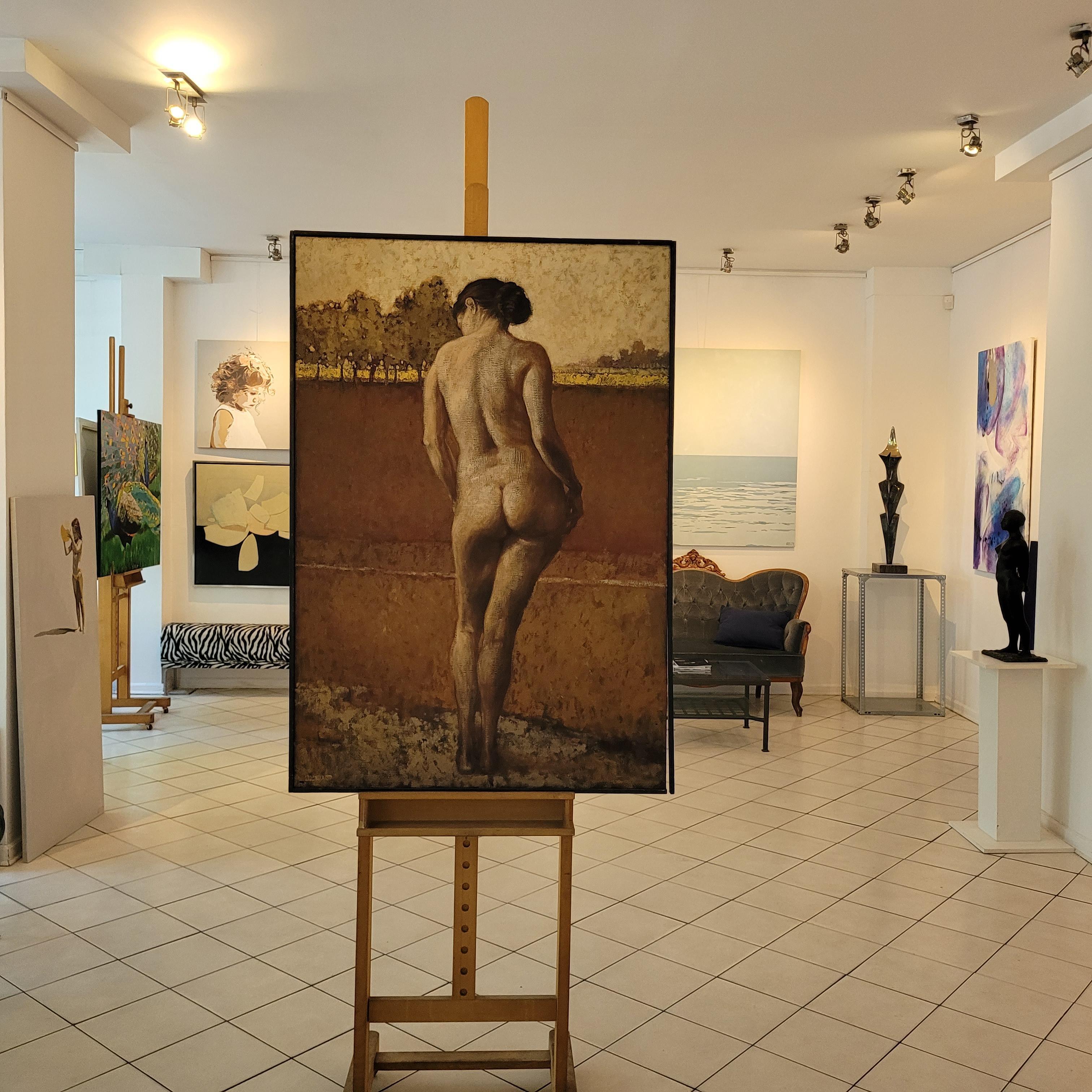 De pie. Pintura al óleo figurativa contemporánea, Mujer sutil, artista polaca en venta 6