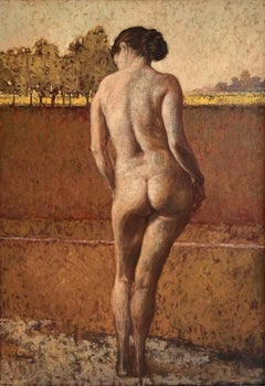 De pie. Pintura al óleo figurativa contemporánea, Mujer sutil, artista polaca