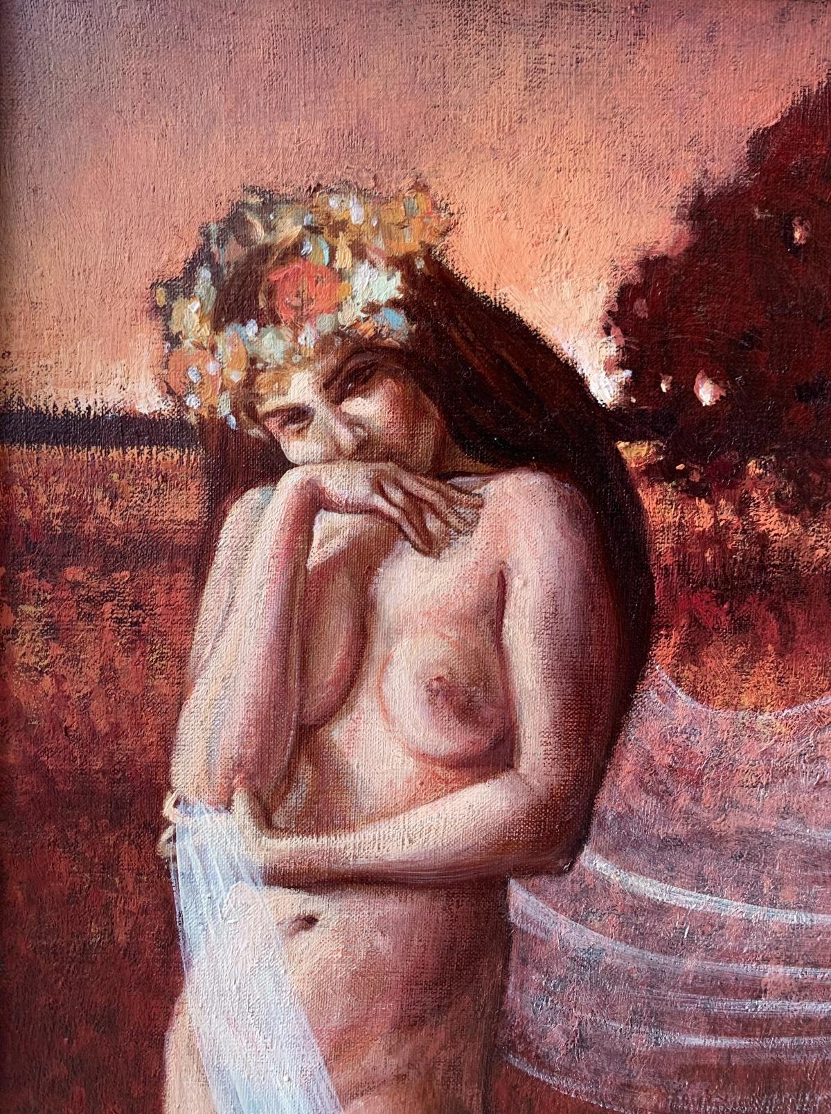 Zeitgenössisches figuratives Ölgemälde ohne Titel, subtiles weibliches Porträt, lebhaft (Romantik), Painting, von Katarzyna Szydlowska