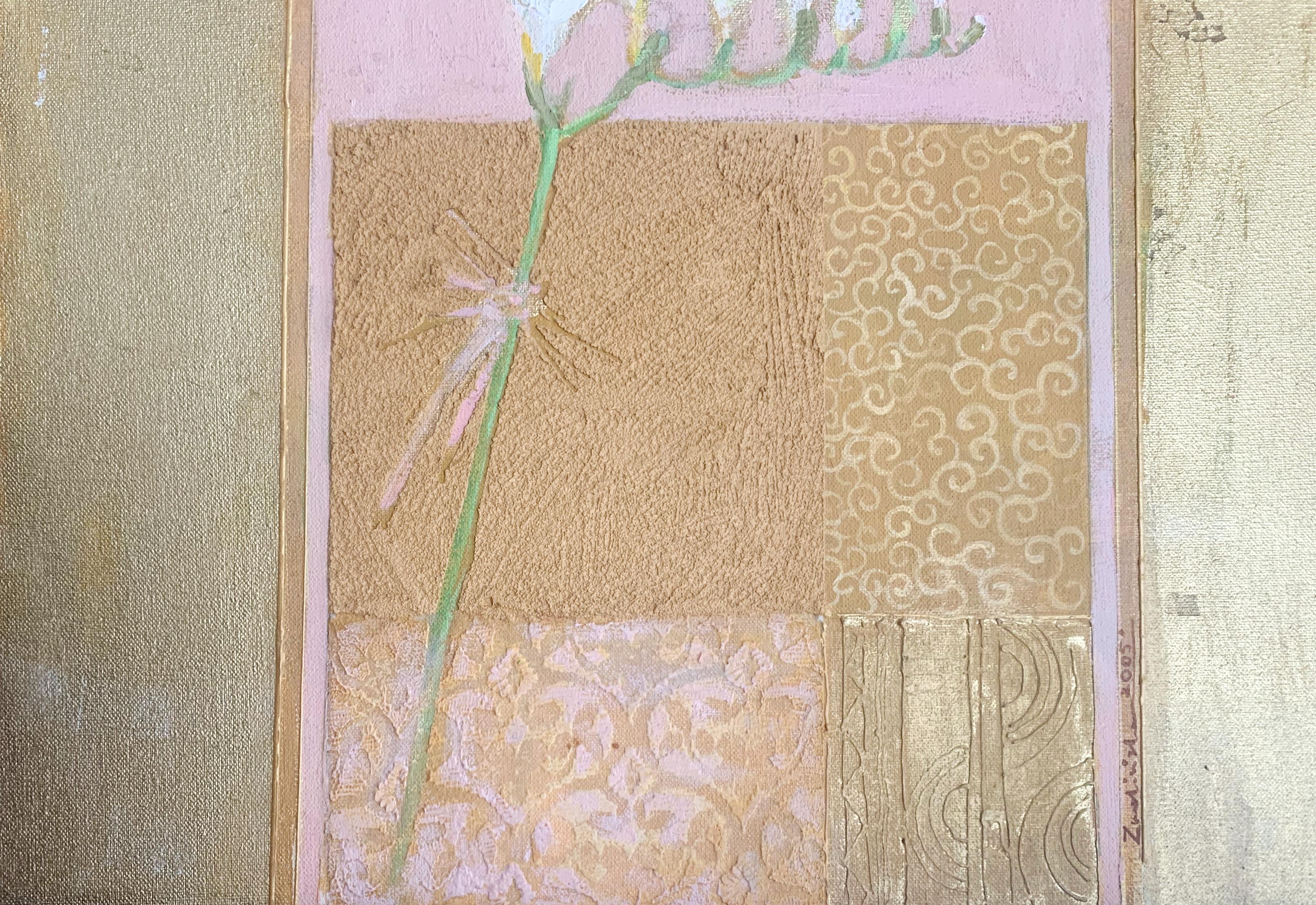 Freesia. Floral, Flowers, Contemporary Still Life Painting, Texture, Polish art - Beige Still-Life Painting by Katarzyna Zwolińska