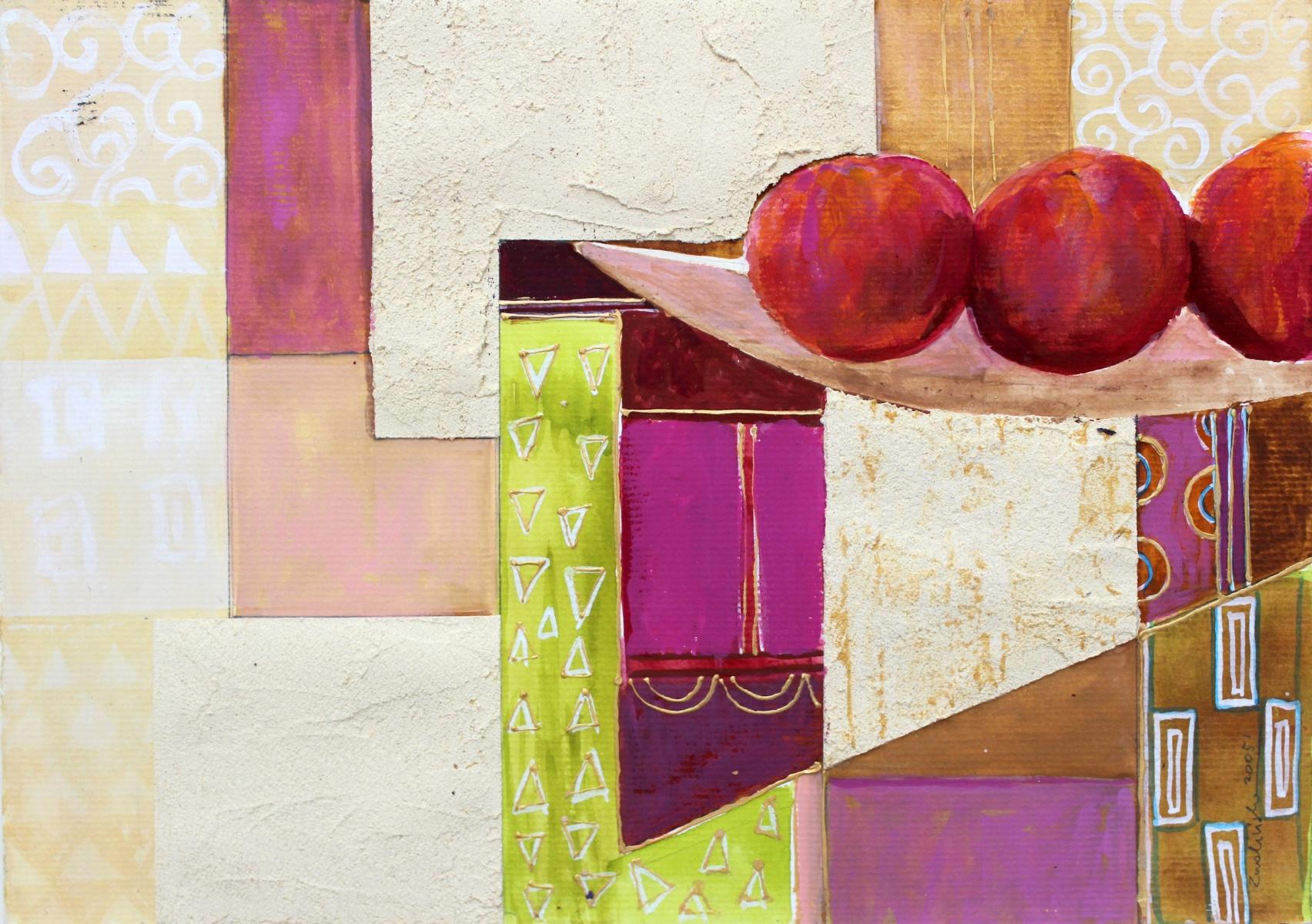 Frutta in una ciotola. Pittura contemporanea di nature morte, texture, arte polacca