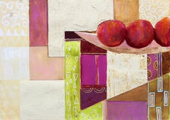 Frutta in una ciotola. Pittura contemporanea di nature morte, texture, arte polacca