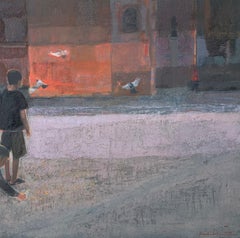 Pigeons. Contemporary Landscape Painting, Texture, Polish art