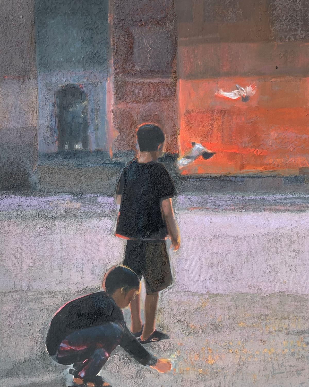 Las palomas. Paisaje contemporáneo, Textura, Arte polaco - Still-Life Painting Gris de Katarzyna Zwolińska
