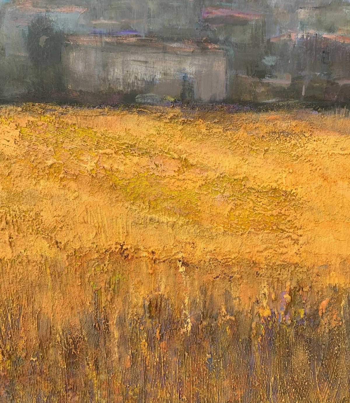 Auf dem Weg in die Stadt. Zeitgenössische Landschaftsmalerei, Textur, polnische Kunst (Braun), Still-Life Painting, von Katarzyna Zwolińska