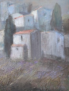 Townes in a Fog. Pittura di paesaggio contemporanea, texture, arte polacca