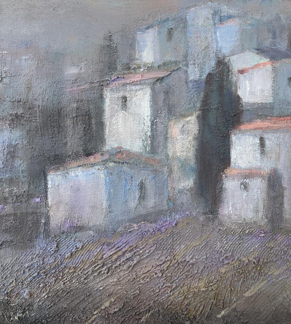 Town in a Fog. Contemporary Landscape Painting, Texture, Polish art For Sale 2