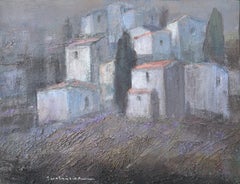 Town in a Fog. Contemporary Landscape Painting, Texture, Polish art