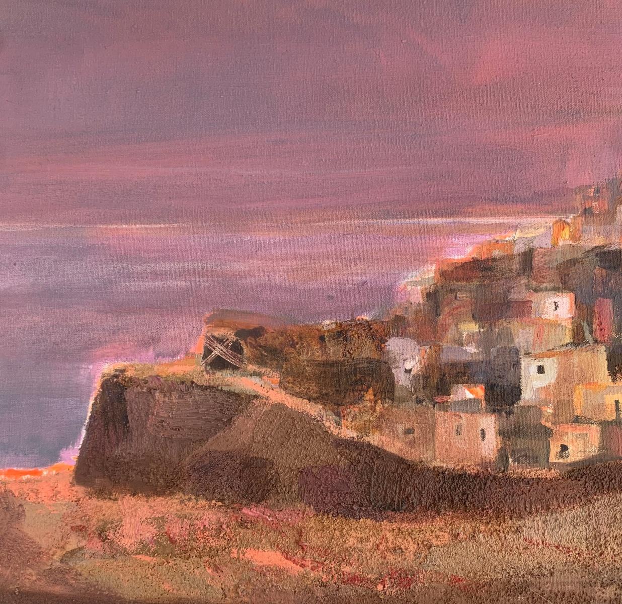 La Toscane au coucher du soleil. Peinture de paysage contemporaine, Texture, Art polonais - Marron Landscape Painting par Katarzyna Zwolińska