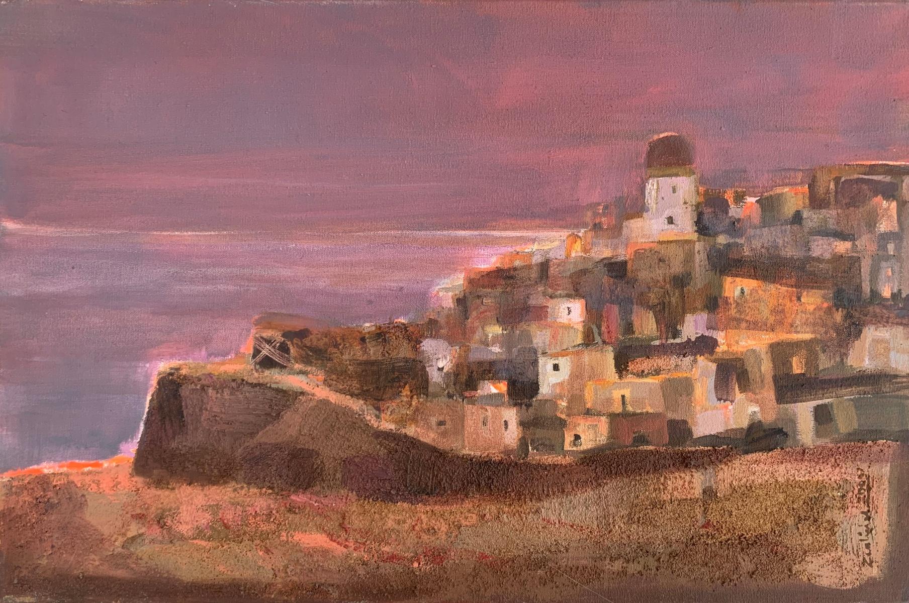 La Toscane au coucher du soleil. Peinture de paysage contemporaine, Texture, Art polonais