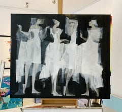 Conversation - Contemporary Oil Painting, Black white & silver, Figurative