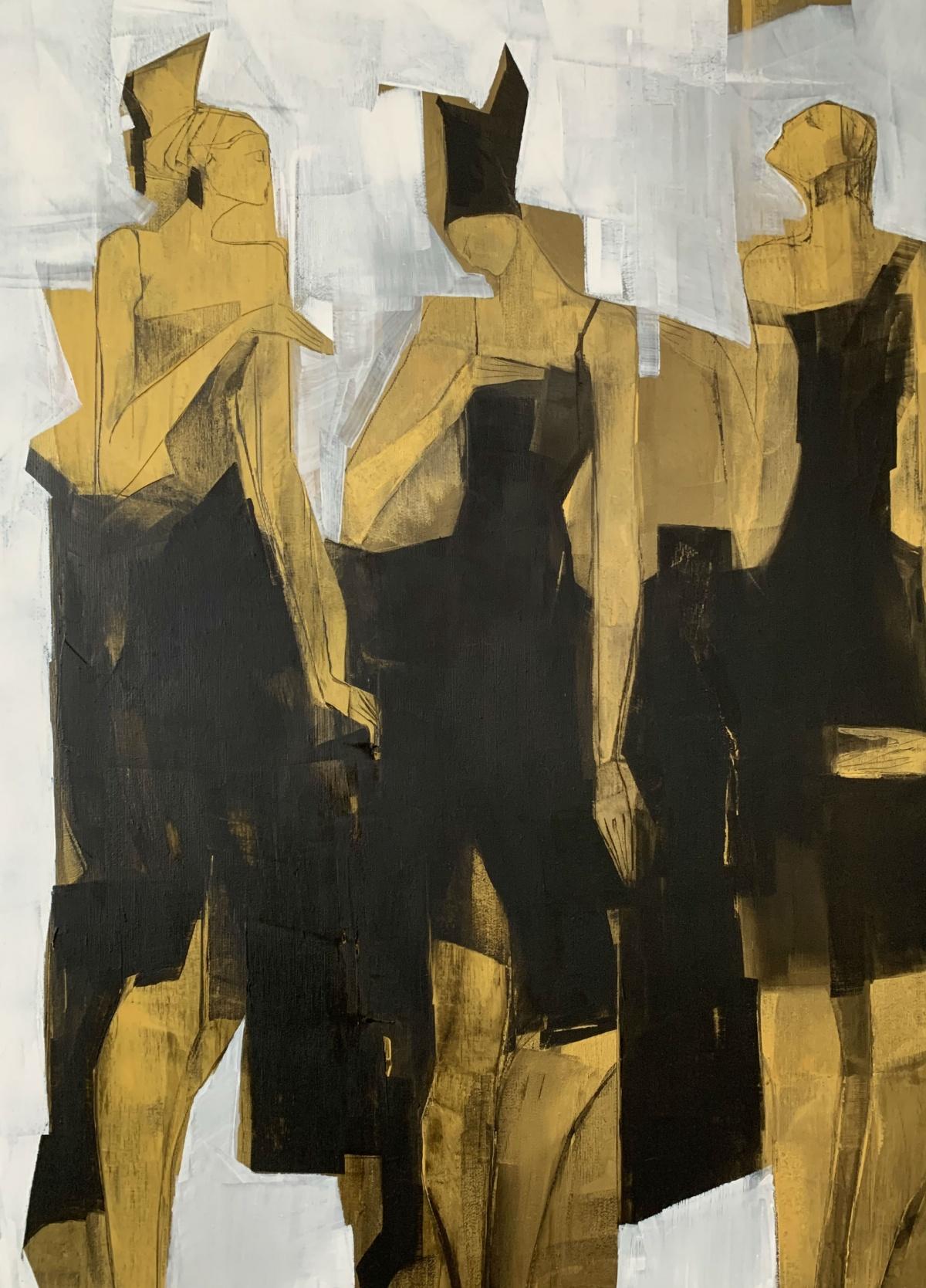 Muses - Contemporary Oil Painting, Black gold & white, Figurative, Big format 1