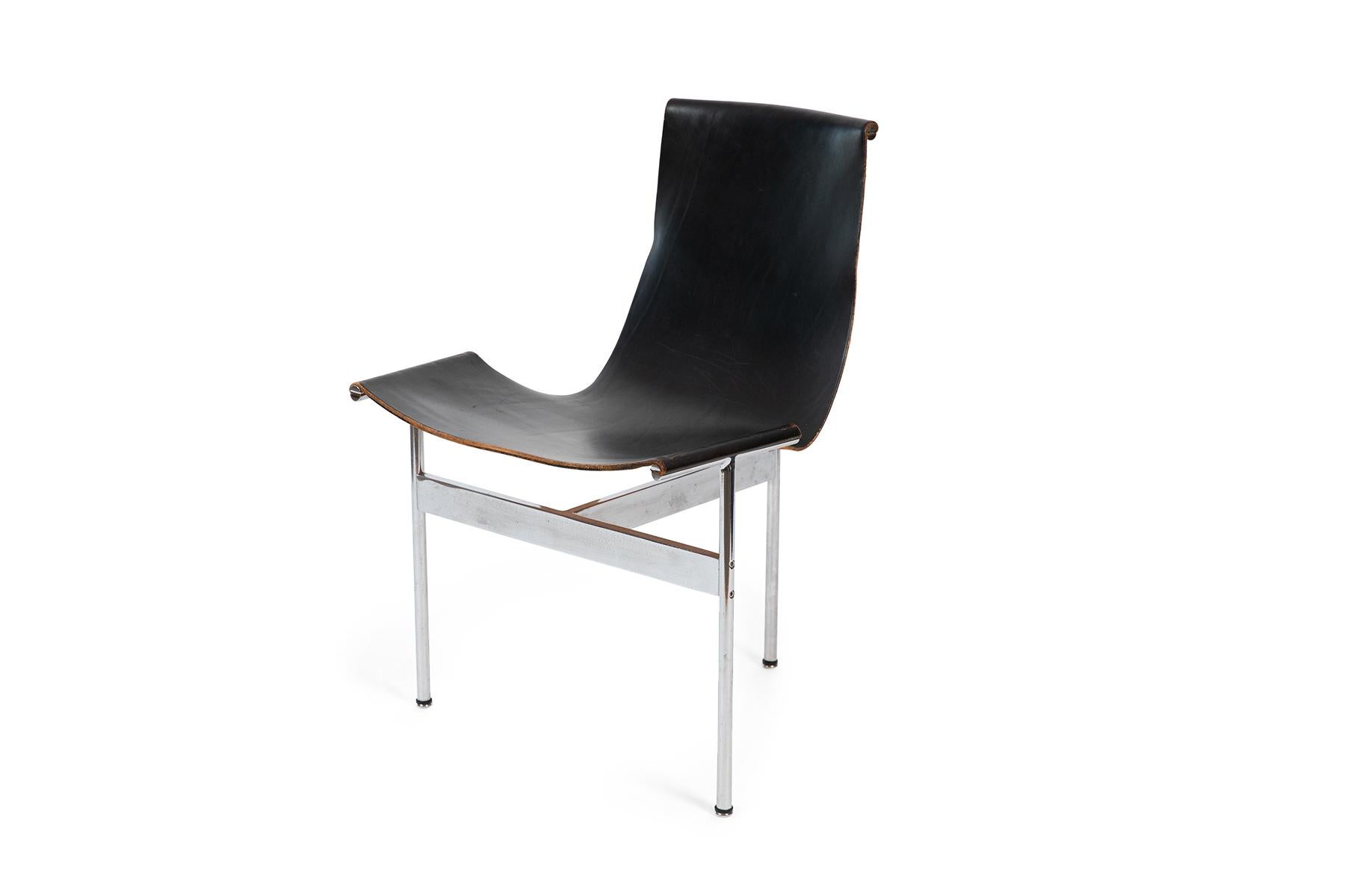 William Katavolos, Douglas Kelley & Ross Littell for Laverne T chair circa mid-1950s. This all original example has a beautifully patinated black leather sling and mirror polished steel frame. Great as a desk or occasional chair.