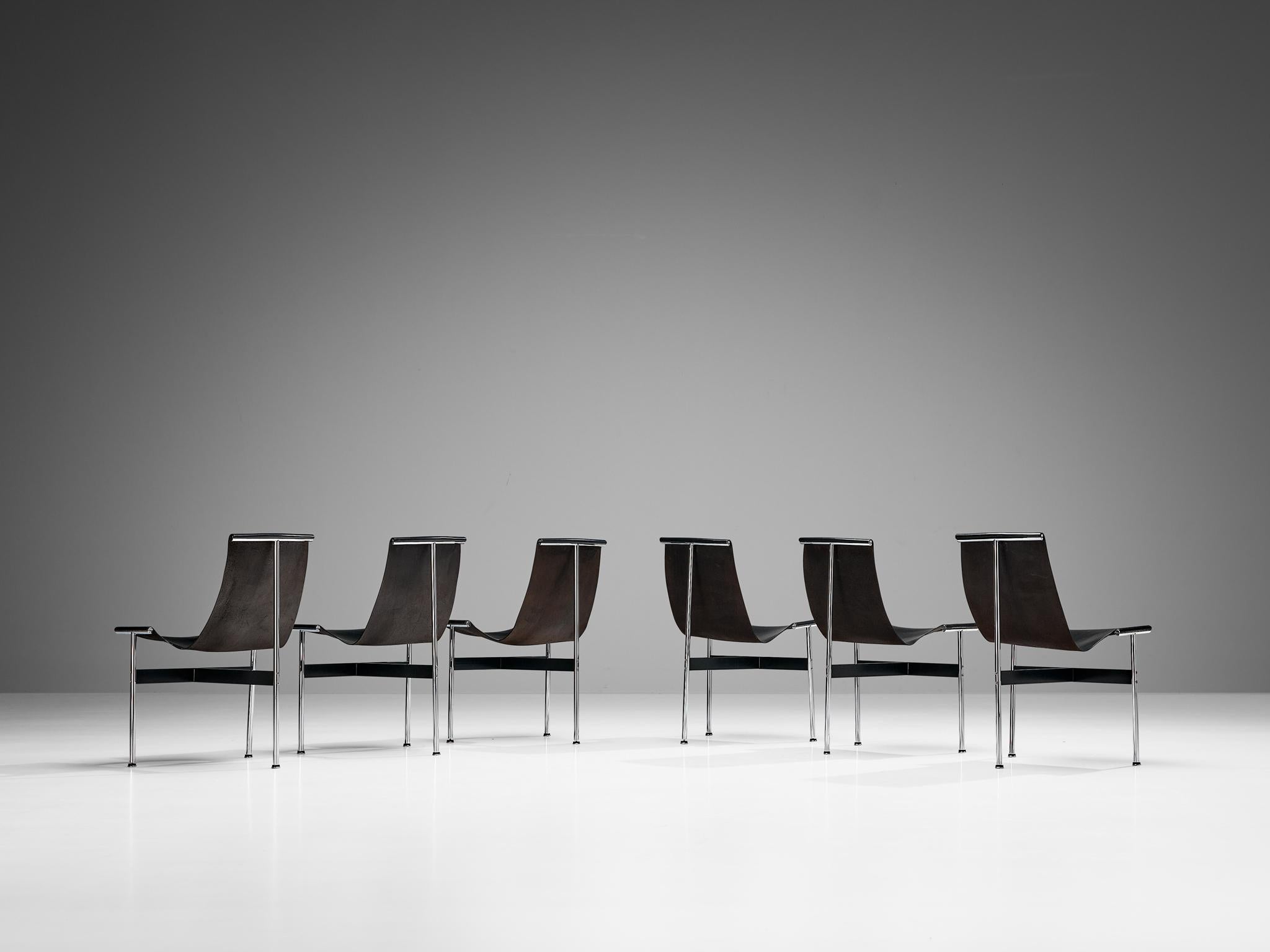 Mid-Century Modern Katavolos, Kelley and Littell for ICF Set of Six T-Chairs in Black Leather  For Sale