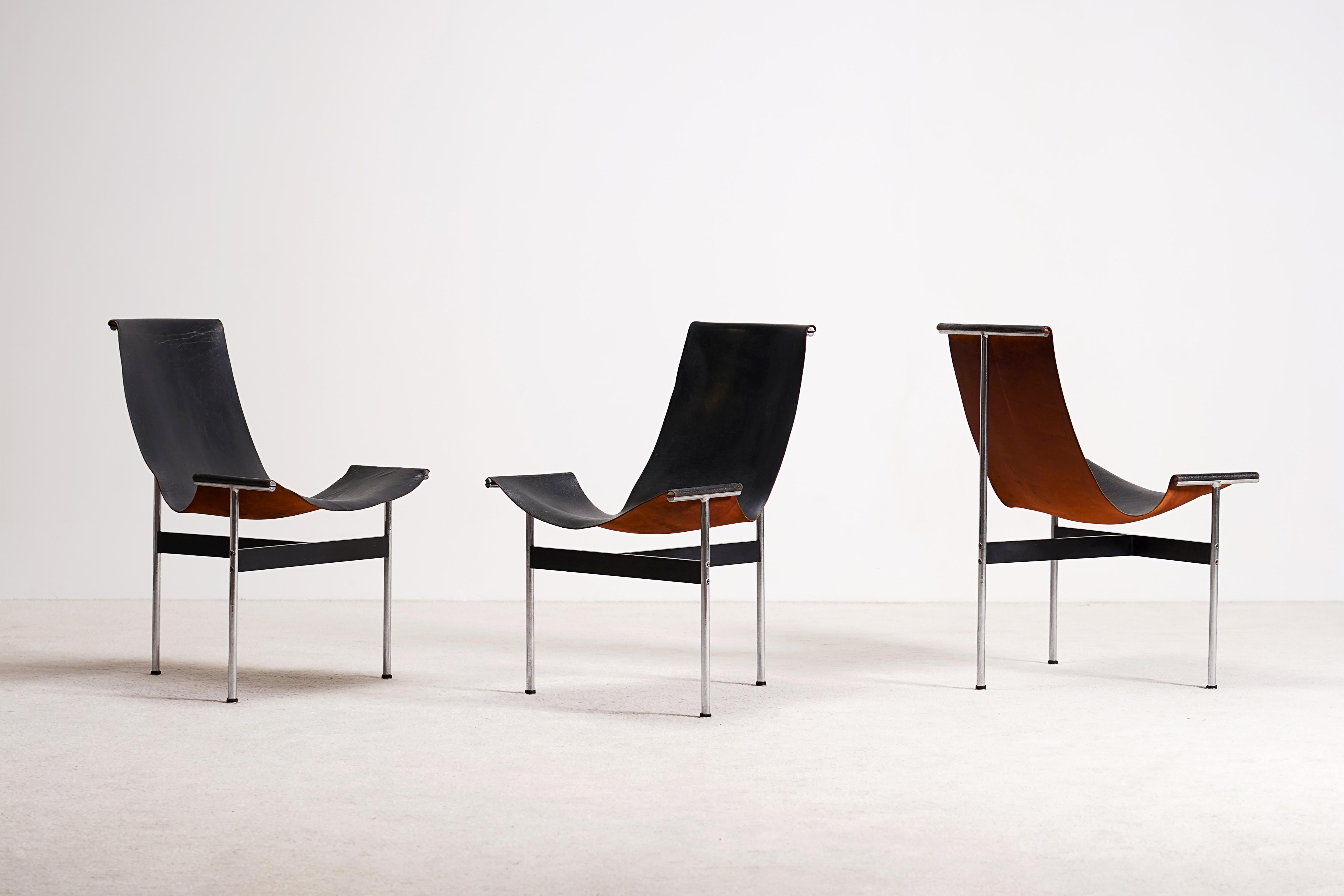 Katavolos, Kelley und Littell für Laverne: 3er-Set T-Stühle aus schwarzem Leder (Moderne der Mitte des Jahrhunderts) im Angebot