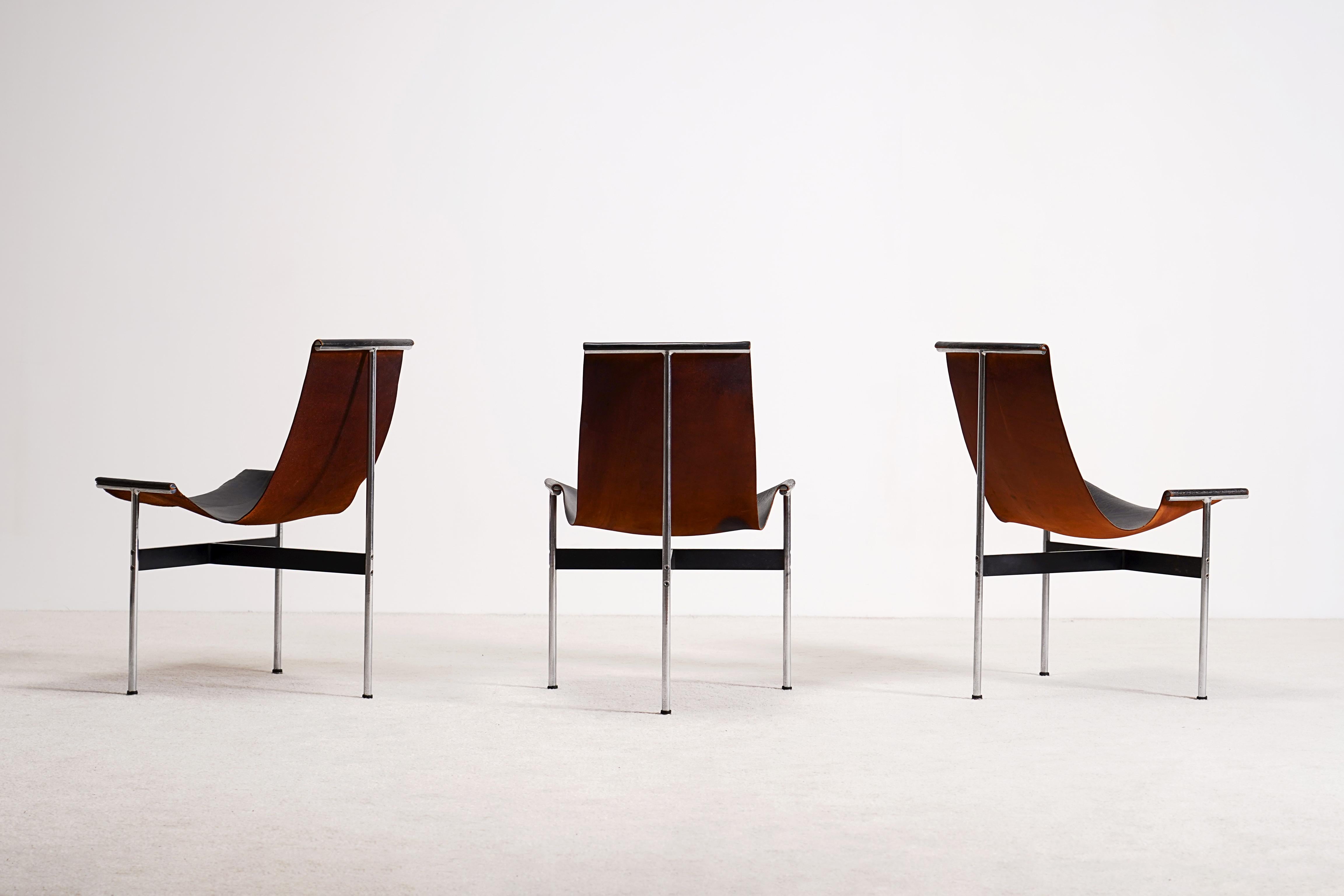 Metal Katavolos, Kelley and Littell for Laverne Set of 3 T-Chairs in Black Leather For Sale