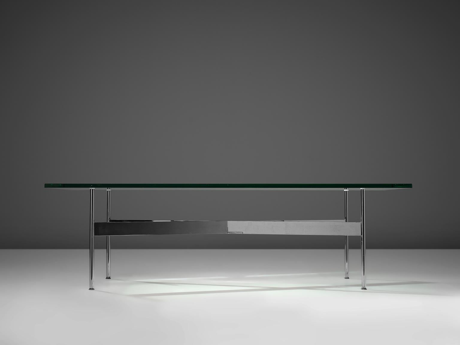 Katavolos, Kelley and Littell for Laverne, coffee table, chrome-plated steel, glass, United States, 1960s.

This elegant piece features a thick glass top and seamlessly manufactured X-style chrome-plated base. Carefully designed with stoppers to