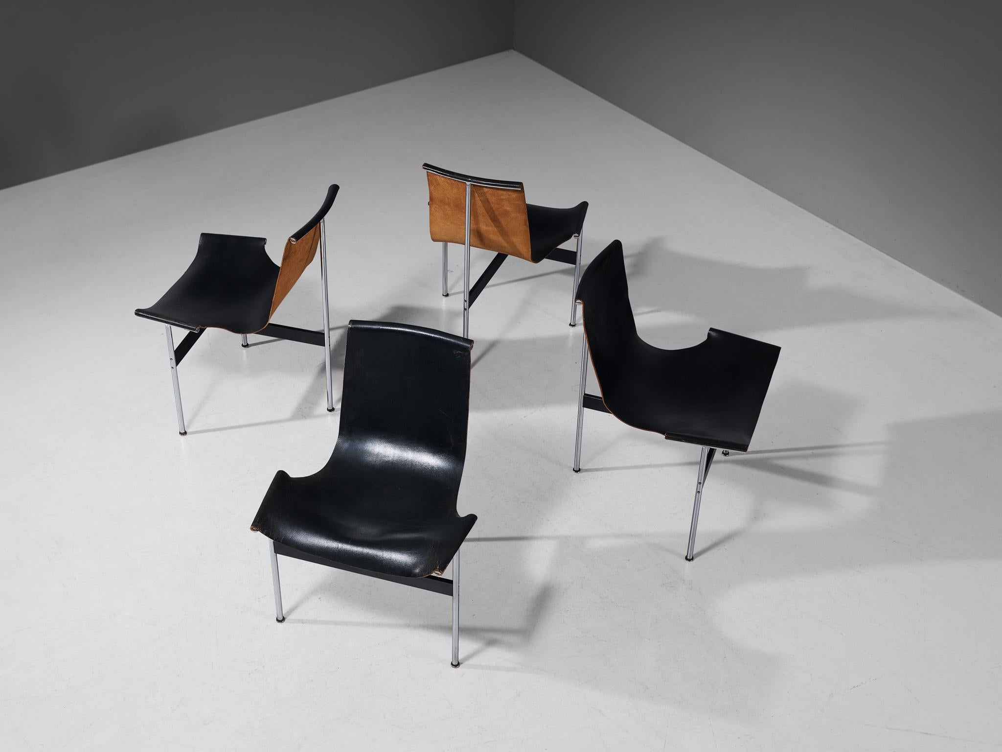 Katavolos, Kelley and Littell, set of four T-chairs, chrome-plated steel, enameled steel and black leather, United States, 1952.

This set of elegant and playful three-legged chairs has a very delicate look. The chairs are curvaceous and