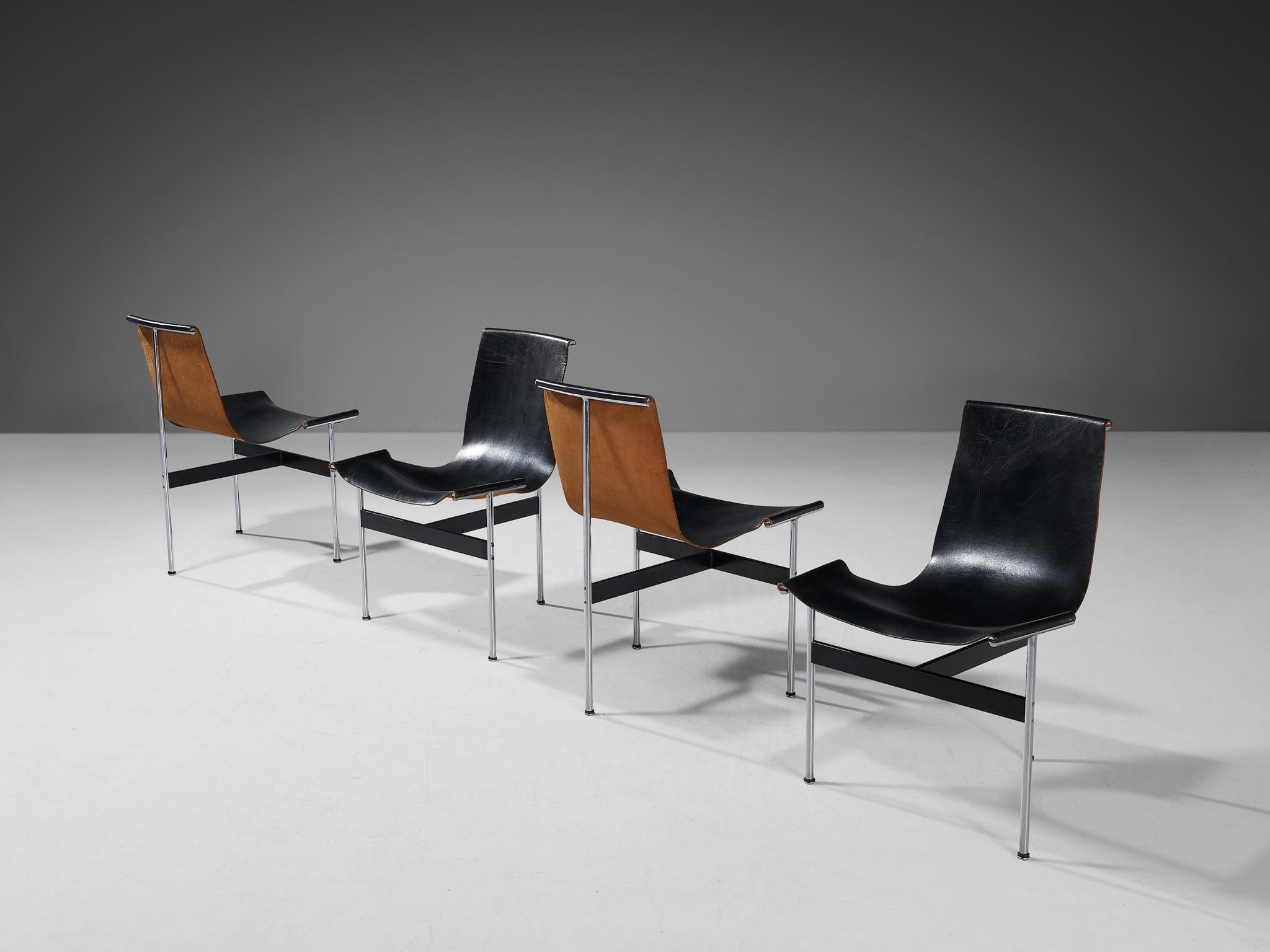 Mid-Century Modern Katavolos, Kelley and Littell Set of Four T-Chairs in Black Leather