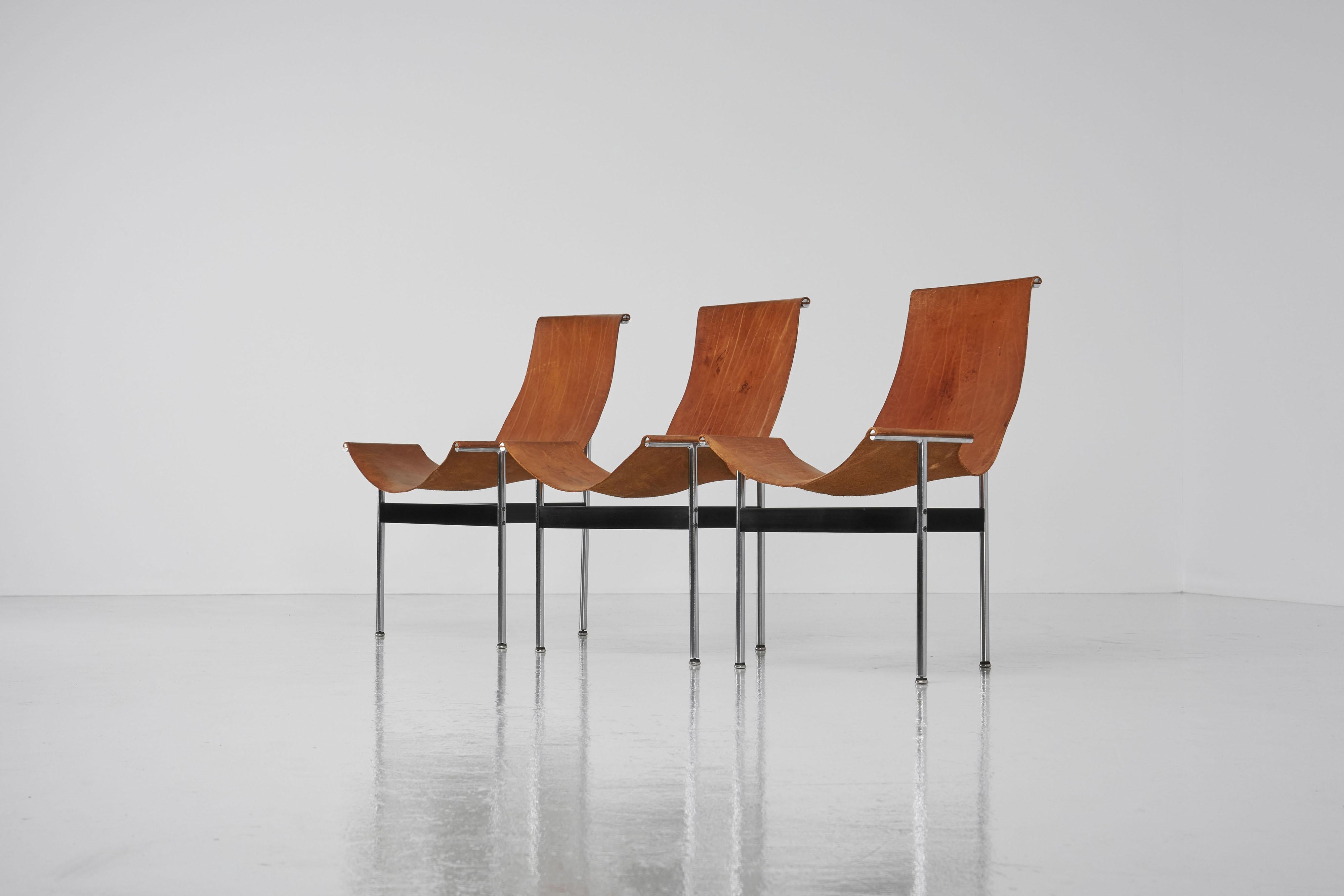 Remarkable so called ‘T-chairs’ designed by William Katavolos, Ross Littell and Douglas Kelley, and manufactured by ICF De Padova Italy 1952. These three-legged chairs have chrome plated tubular metal frames which is connected by a black painted T