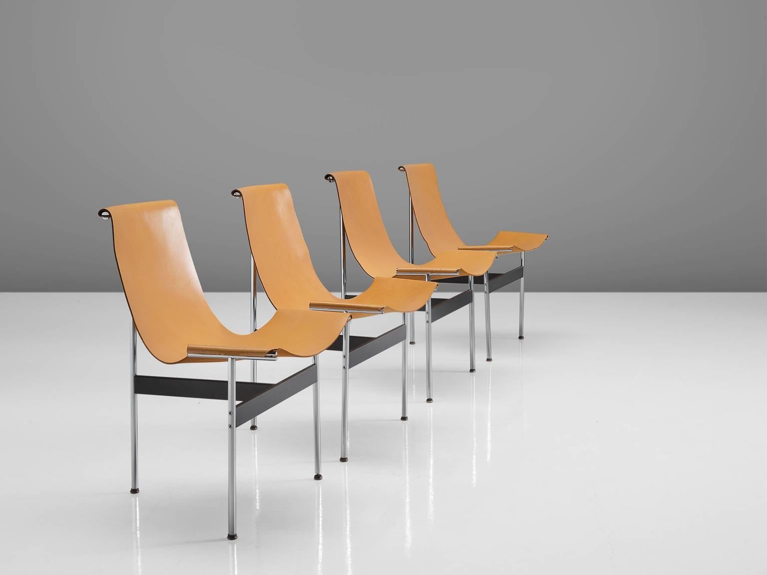 Katavolos, Kelley and Littell, chair, chrome-plated steel, enameled steel and cognac leather, United States, 1952.

This set of elegant and playful three-legged chairs seems almost too delicate to sit in. But in fact these sensuous chairs are very