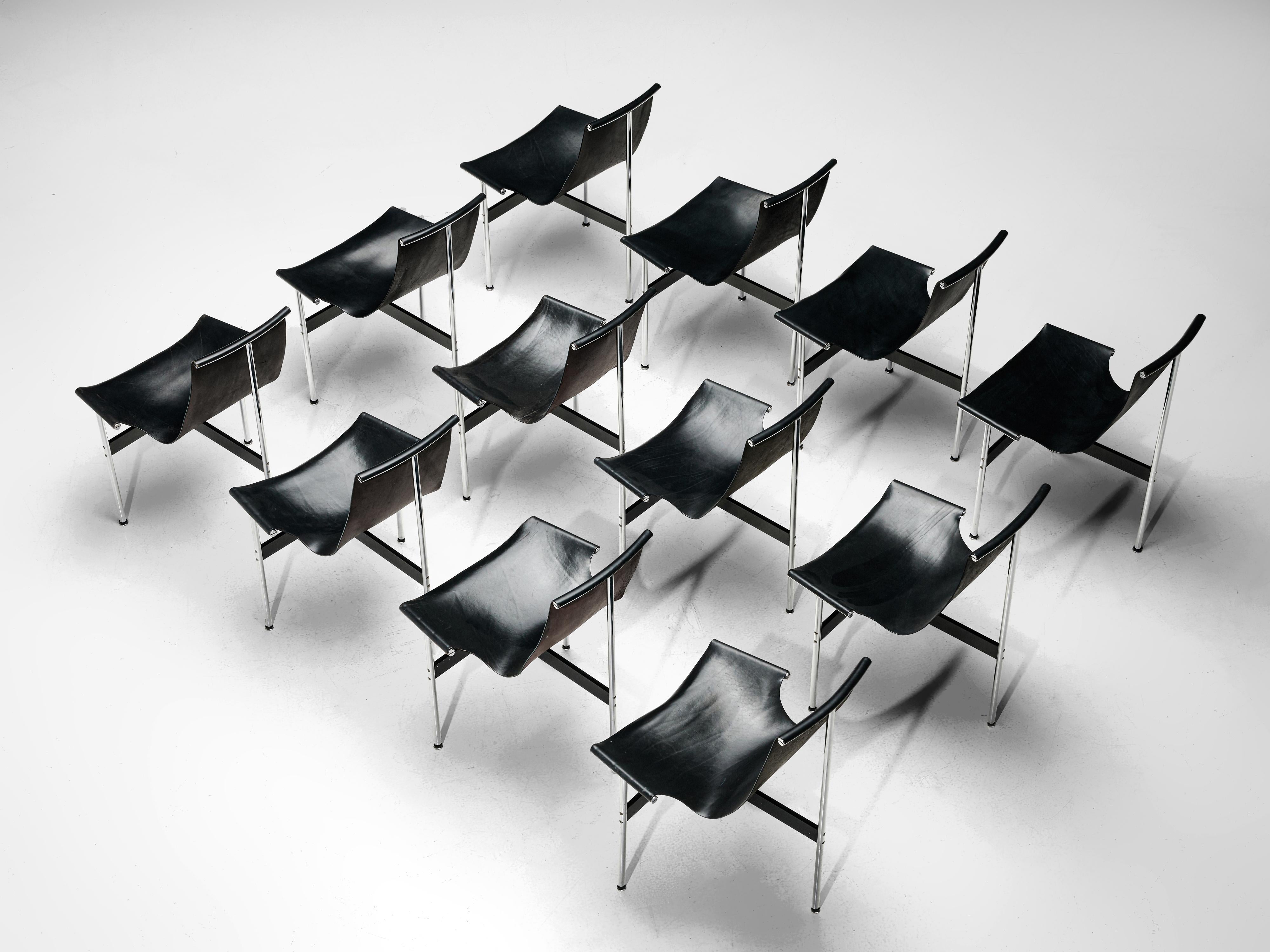 Mid-20th Century Katavolos, Kelly and Littell Set of 12 Dining Chairs '3LC' in Black Leather