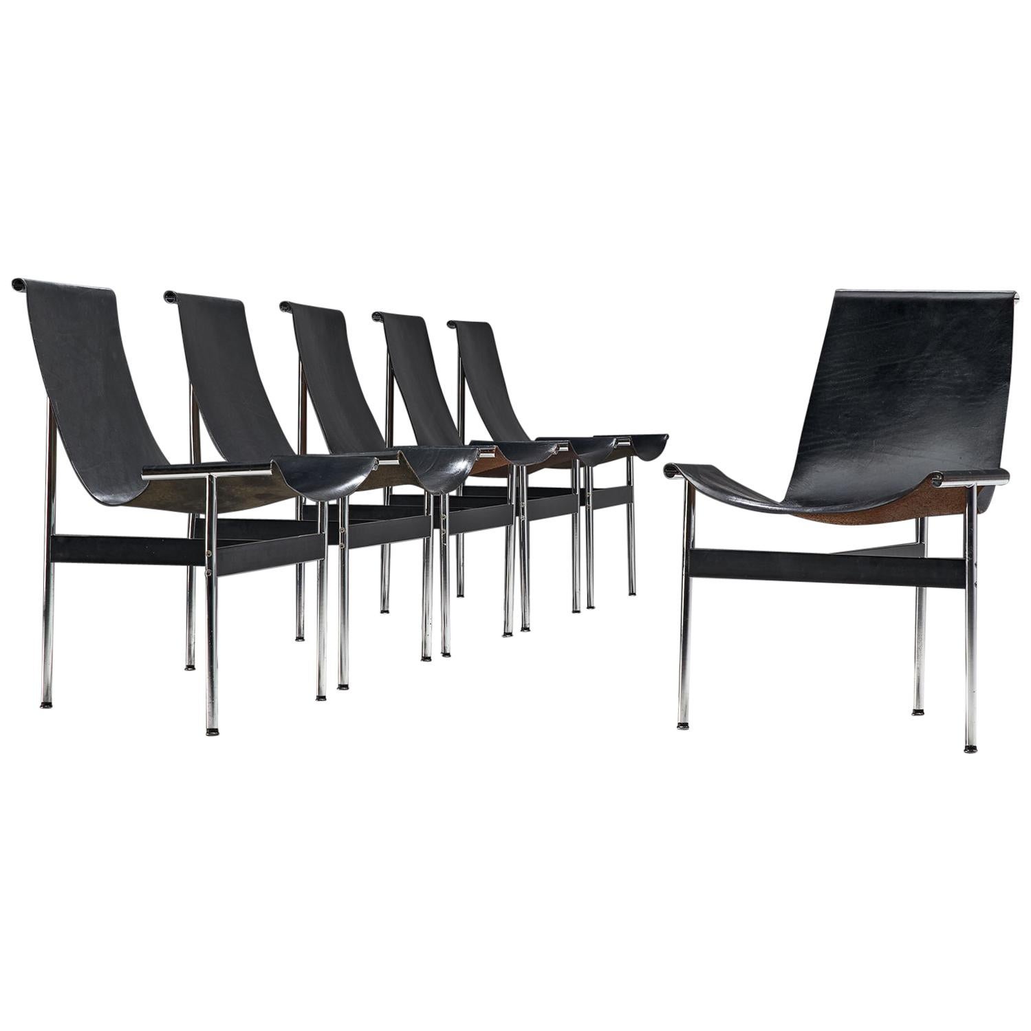 Katavolos, Kelly and Littell Set of Six T-Chairs in Black Leather