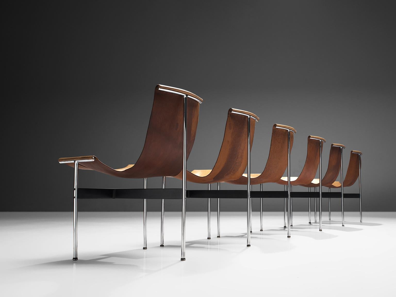 Mid-Century Modern Katavolos, Kelly and Littell Set of Six T-Chairs in Cognac Leather
