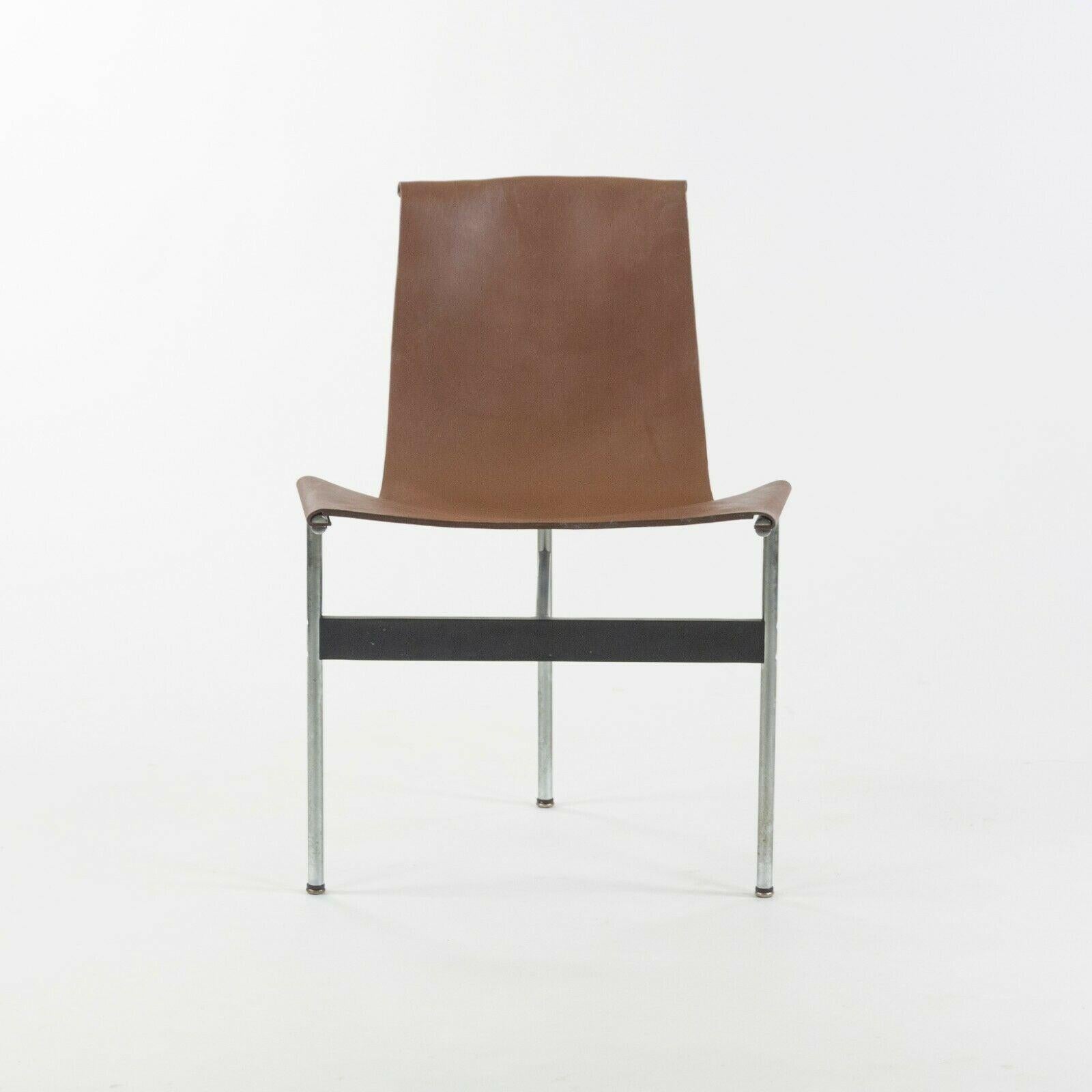 Listed for sale is a vintage set of four T dining chairs by Katavolos, Littel, and Kelley for Laverne International in Brown Leather. These gorgeous examples have a vegetable-tanned leather hide, which is a warm and lovely brown. The chairs appear
