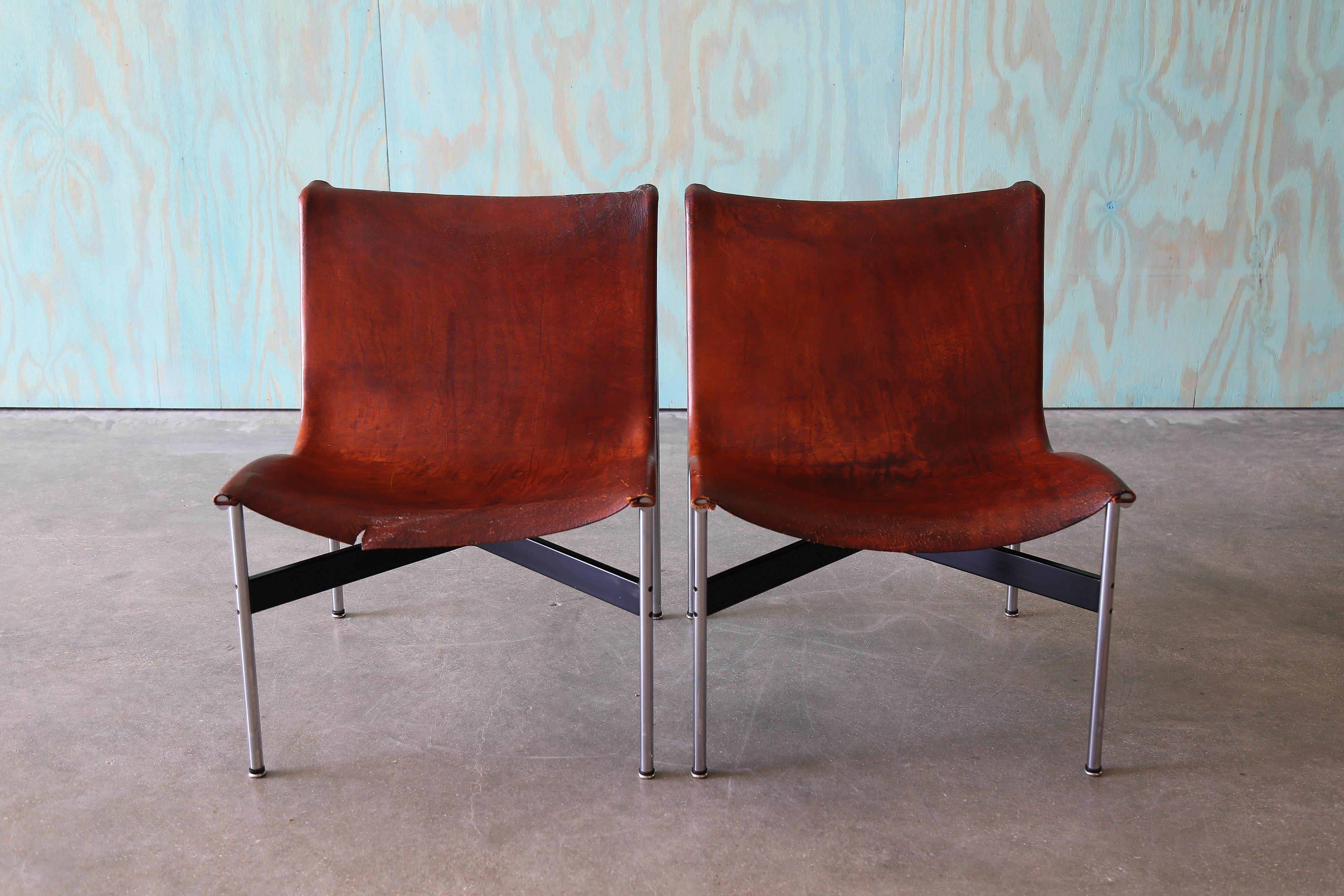Enamel Katavolos, Littell and Kelley Leather and Chrome New York Chairs - A Pair For Sale