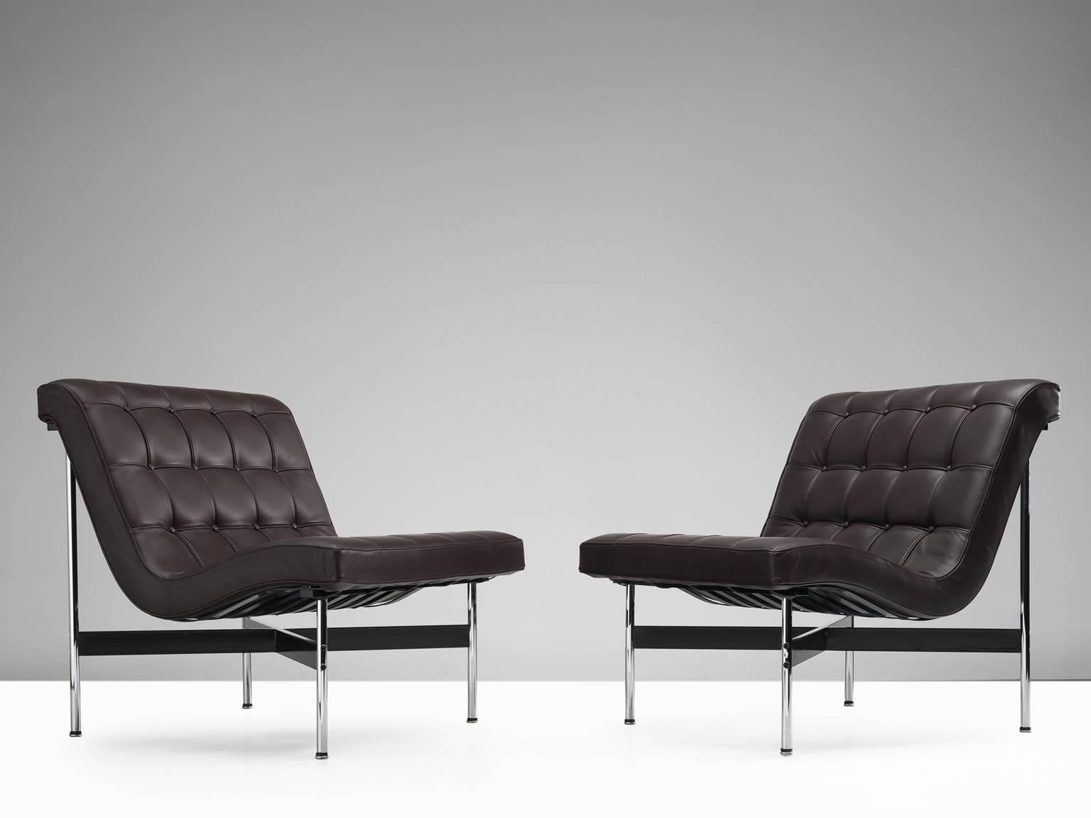Set of lounge chairs, faux leather, steel, 1950s design, 1980s production, United States.

A pair of lounge chairs designed by William Katavolos, Ross Littell and Douglas Kelley for Laverne International from the Architectural Group One line. The